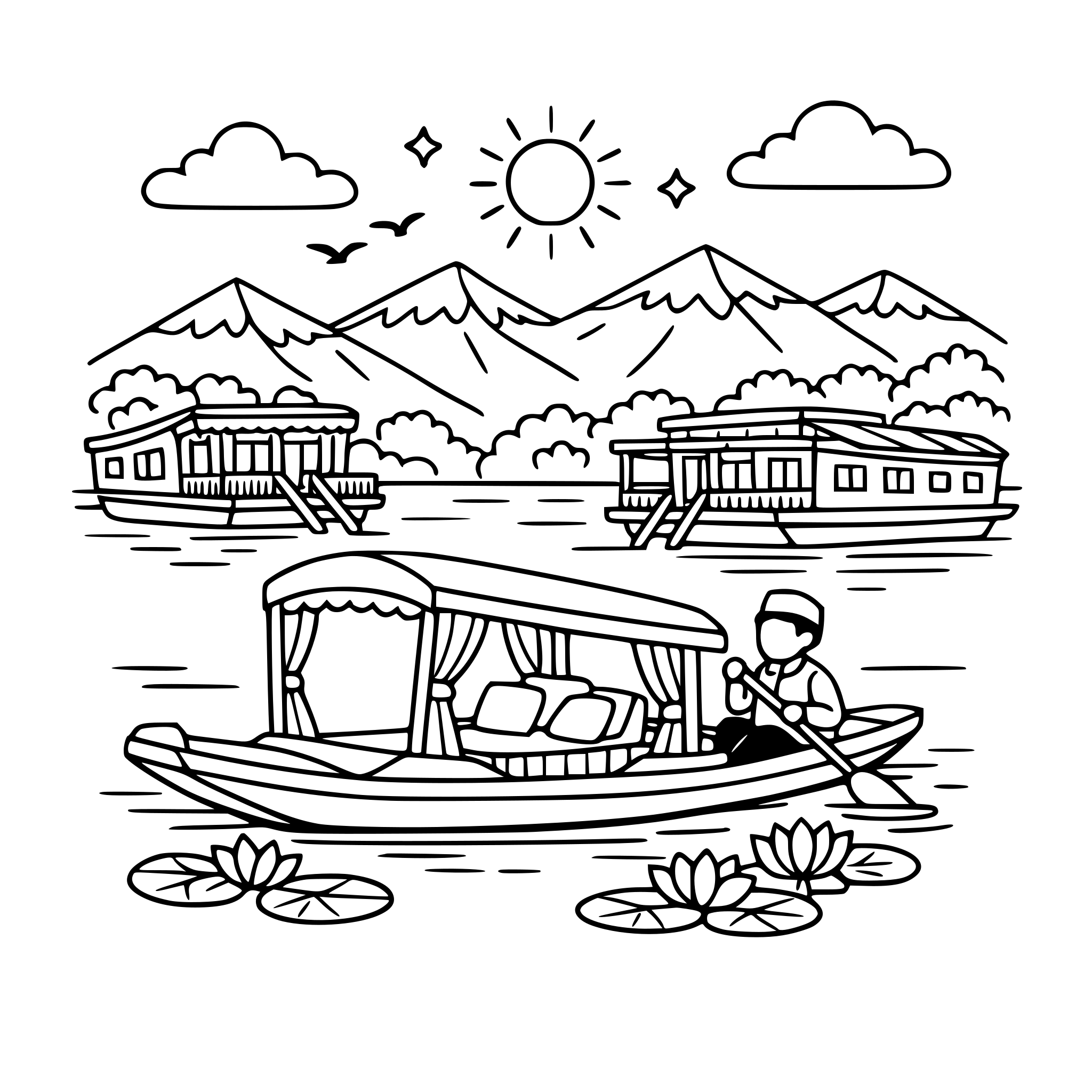 Jammu&Kashmir cute cozy simple dal lake shikara boat, houseboats, and mountains.