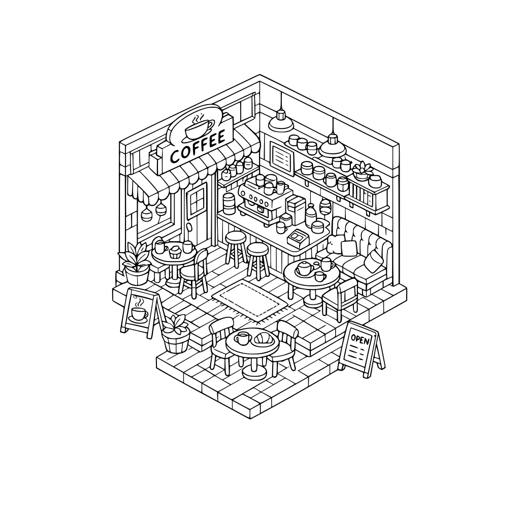 cute and cozy coffee shop, 3d isometric