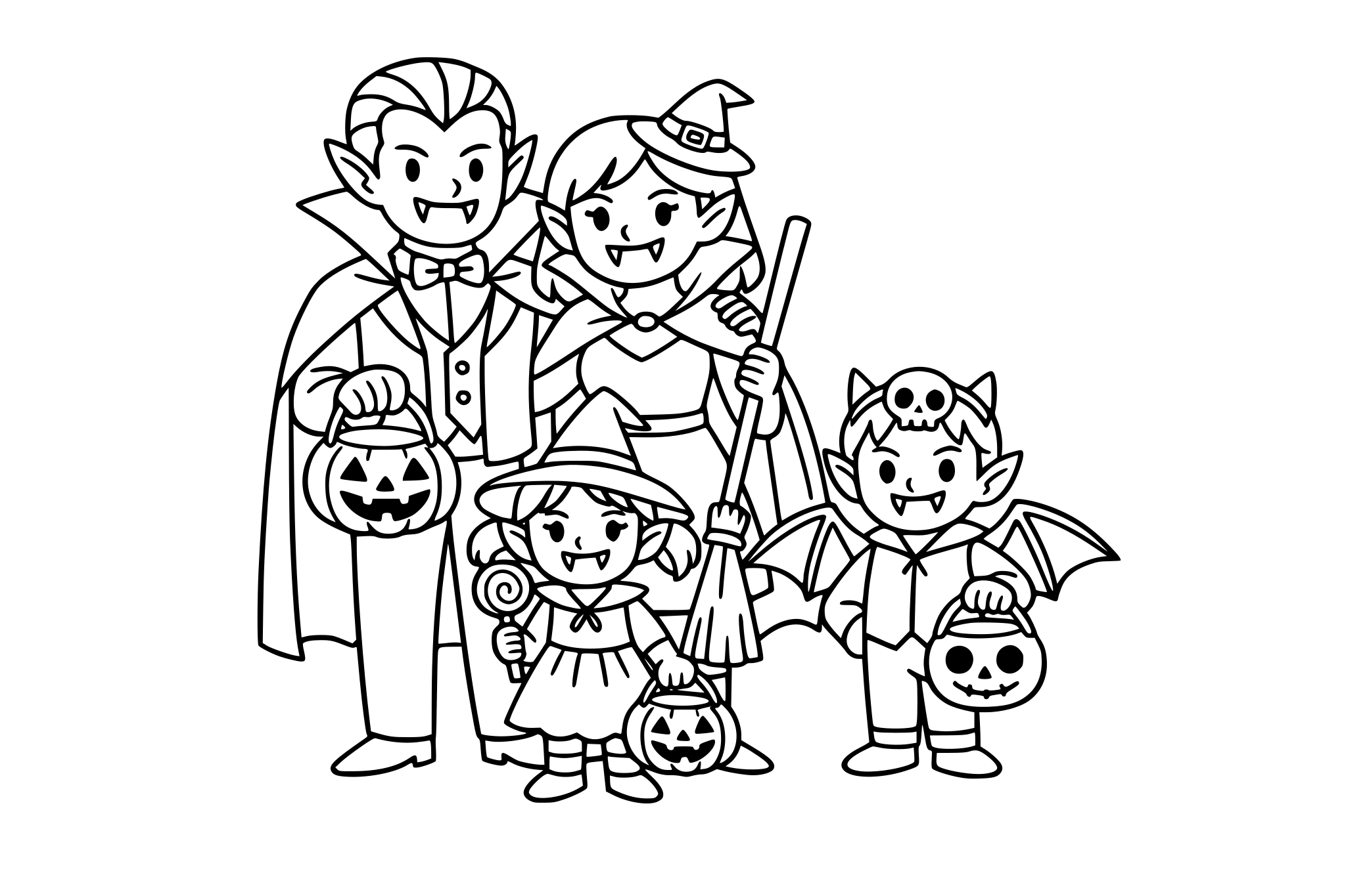 The vampire family dressed up for Halloween, minimalist line.