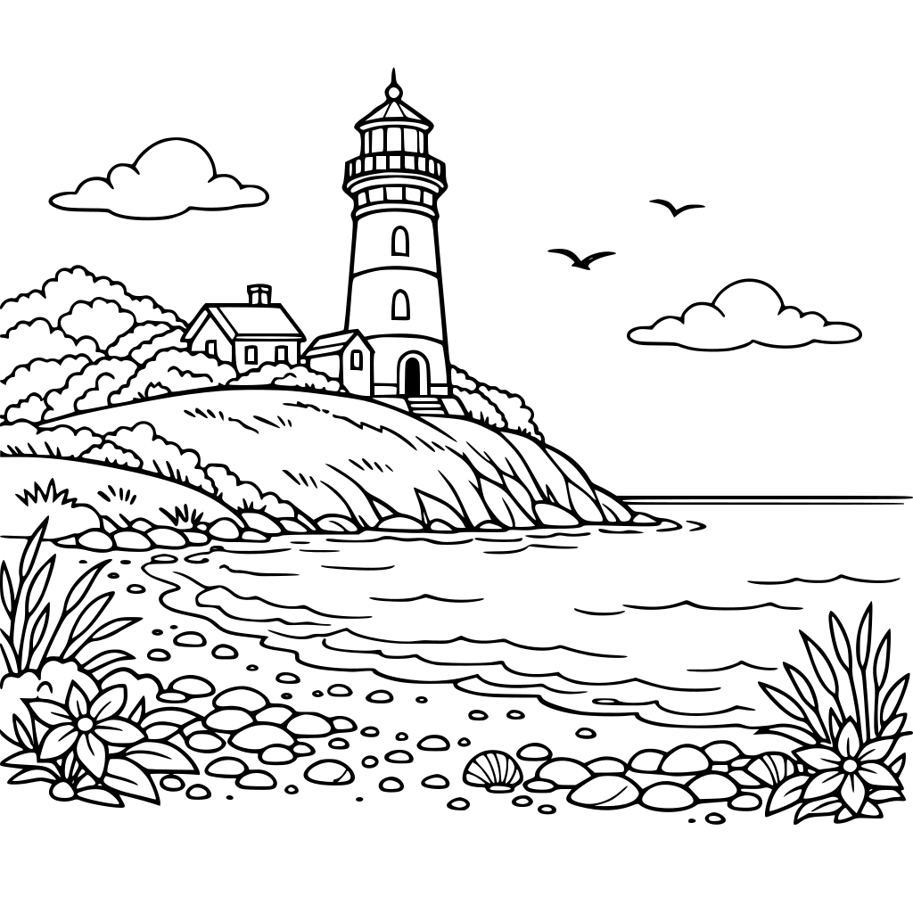 Romantic lighthouse on a hill near the sea, calm water with small gentle waves, delicate pebbles and fine seaside plants along the shore, lush natural hill, peaceful open landscape, elegant balanced composition.