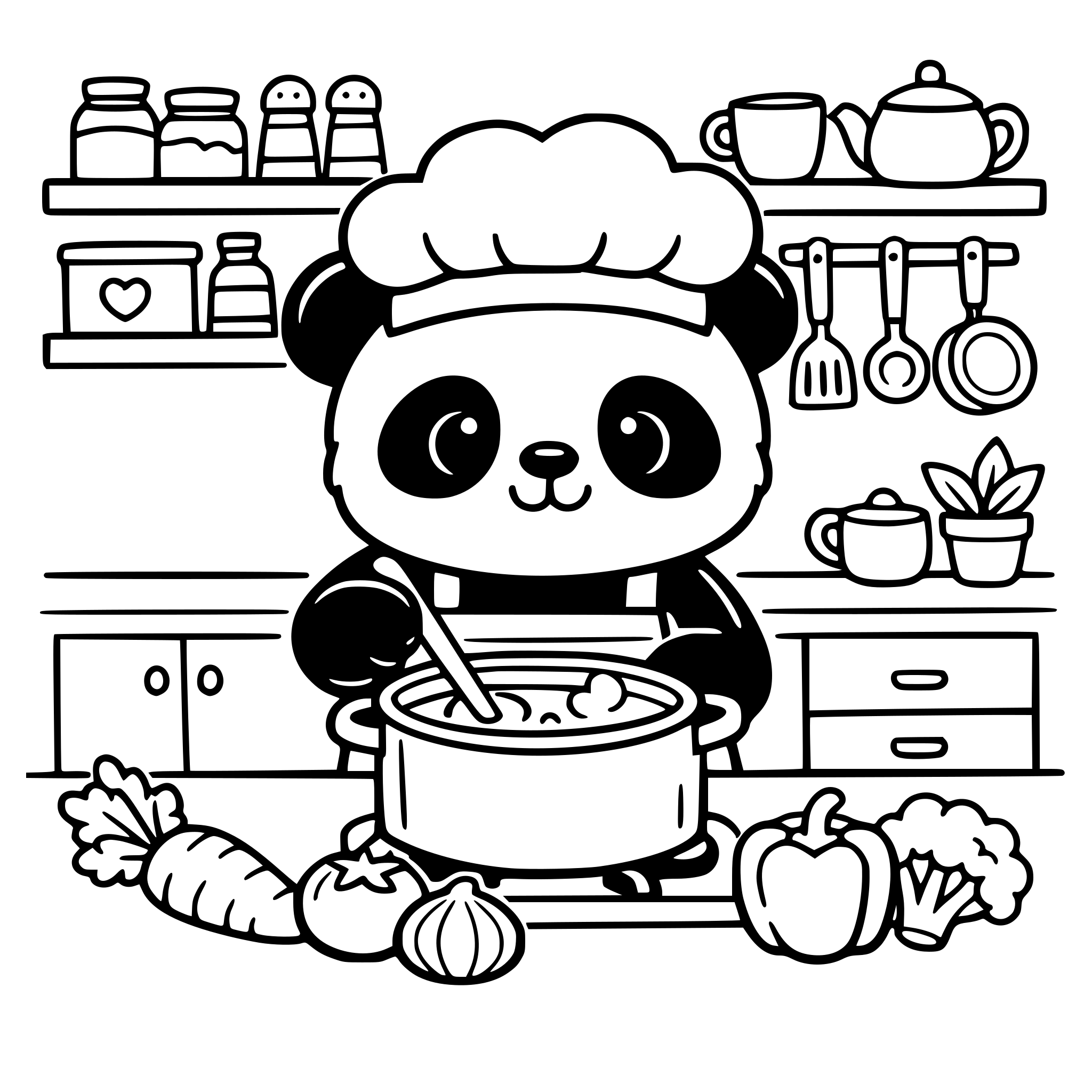 Cute panda cooking in a cozy kitchen, wearing a chef hat and apron, stirring soup in a pot, vegetables on the table, cozy kitchen shelves, kids coloring page, thick bold outlines, simple details, black and white line art, no shading, large spaces for coloring.