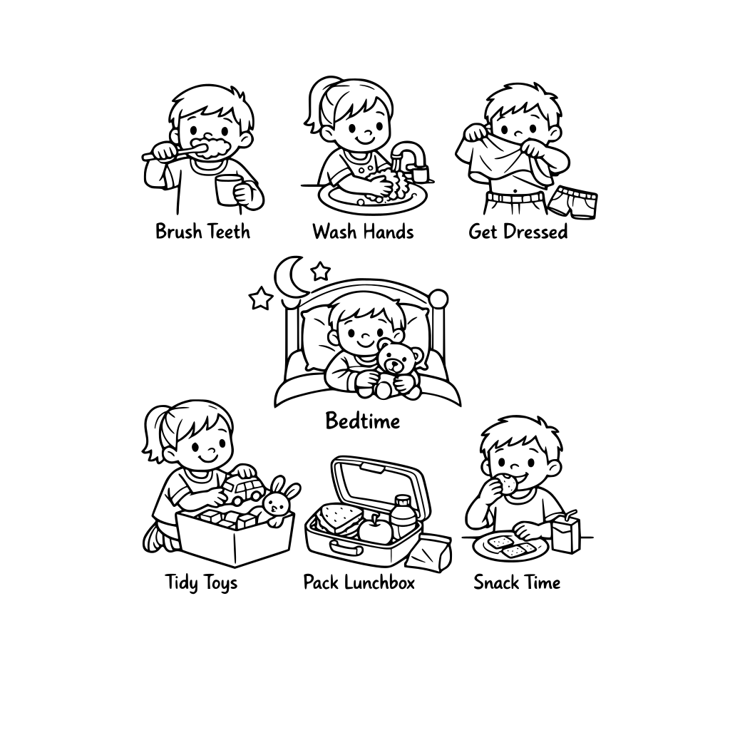 Preschool routines: brush teeth, wash hands, get dressed, bedtime, tidy toys, pack lunchbox, snack time.