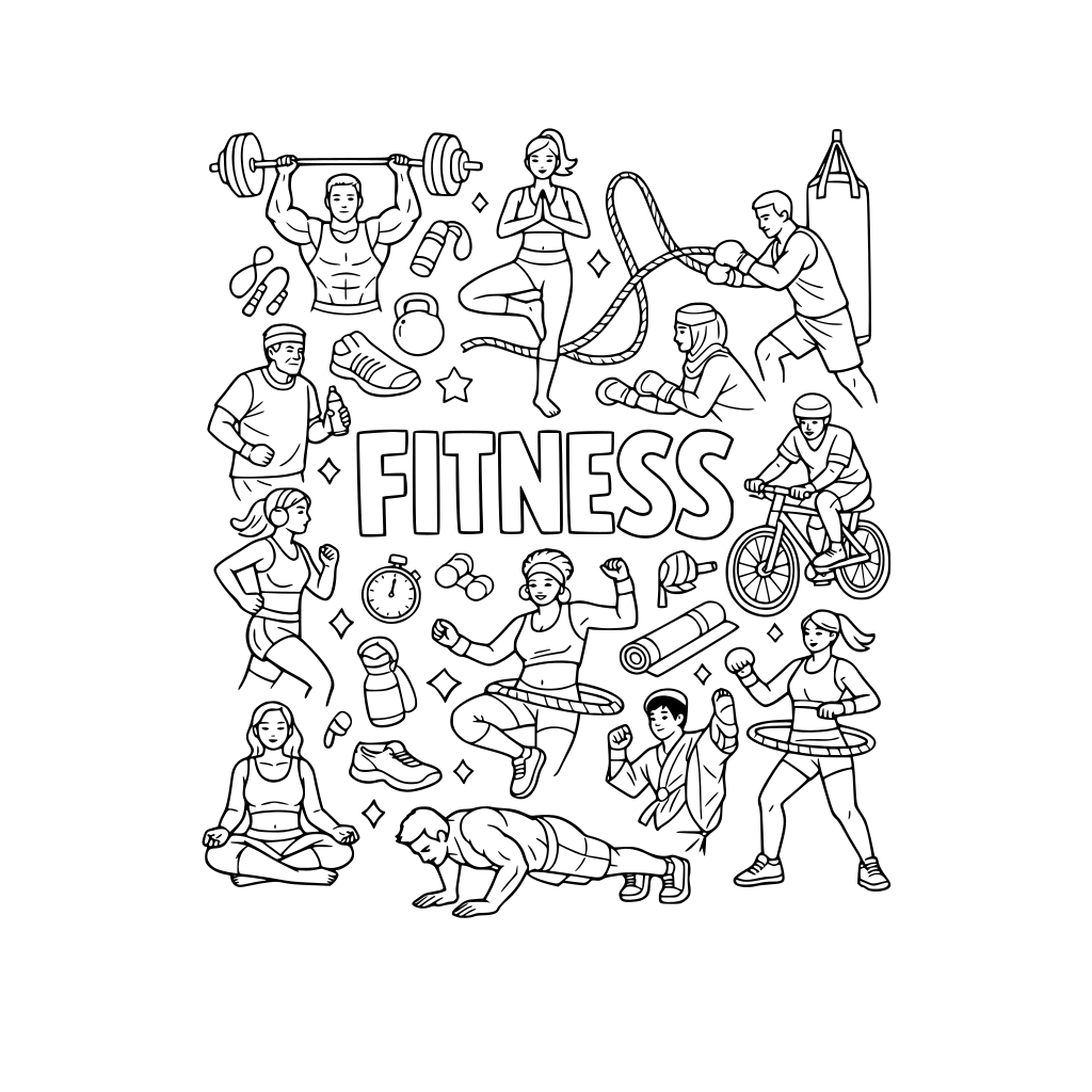 The word "FITNESS" in the center surrounded by a variety of fitness activities and people from several cultures