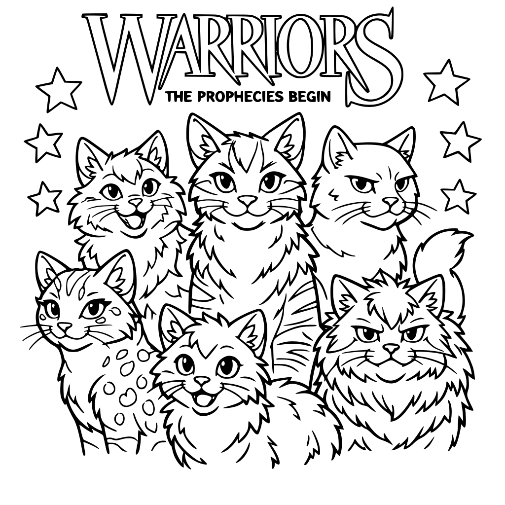 a warriors the prophecies begin graphic novel coloring book with characters like spottedleaf, fireheart, graypaw, bluestar, yellowfang, cloudpaw, and more.