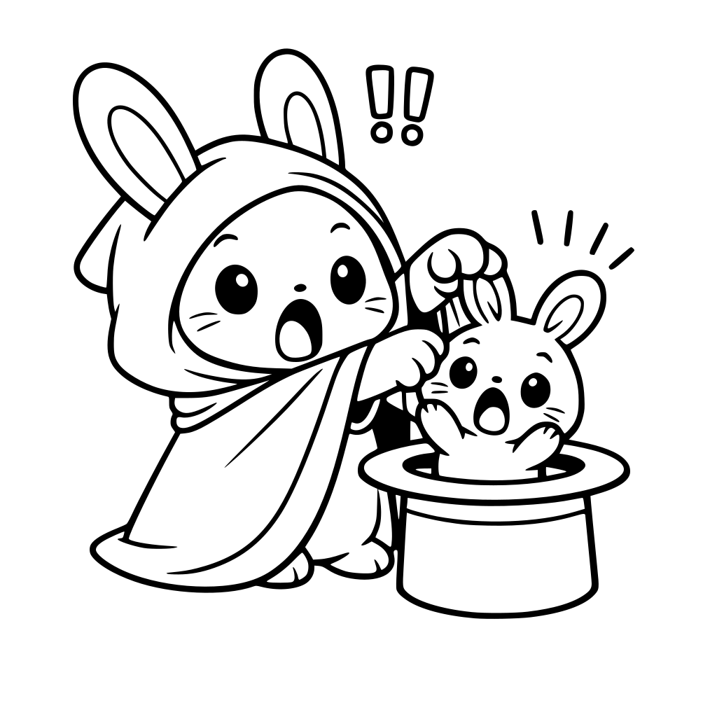 make cartoon kawaii style art of Bunny in magician cape and hood pulling another tiny bunny out of a hat — exaggerated surprise faces.