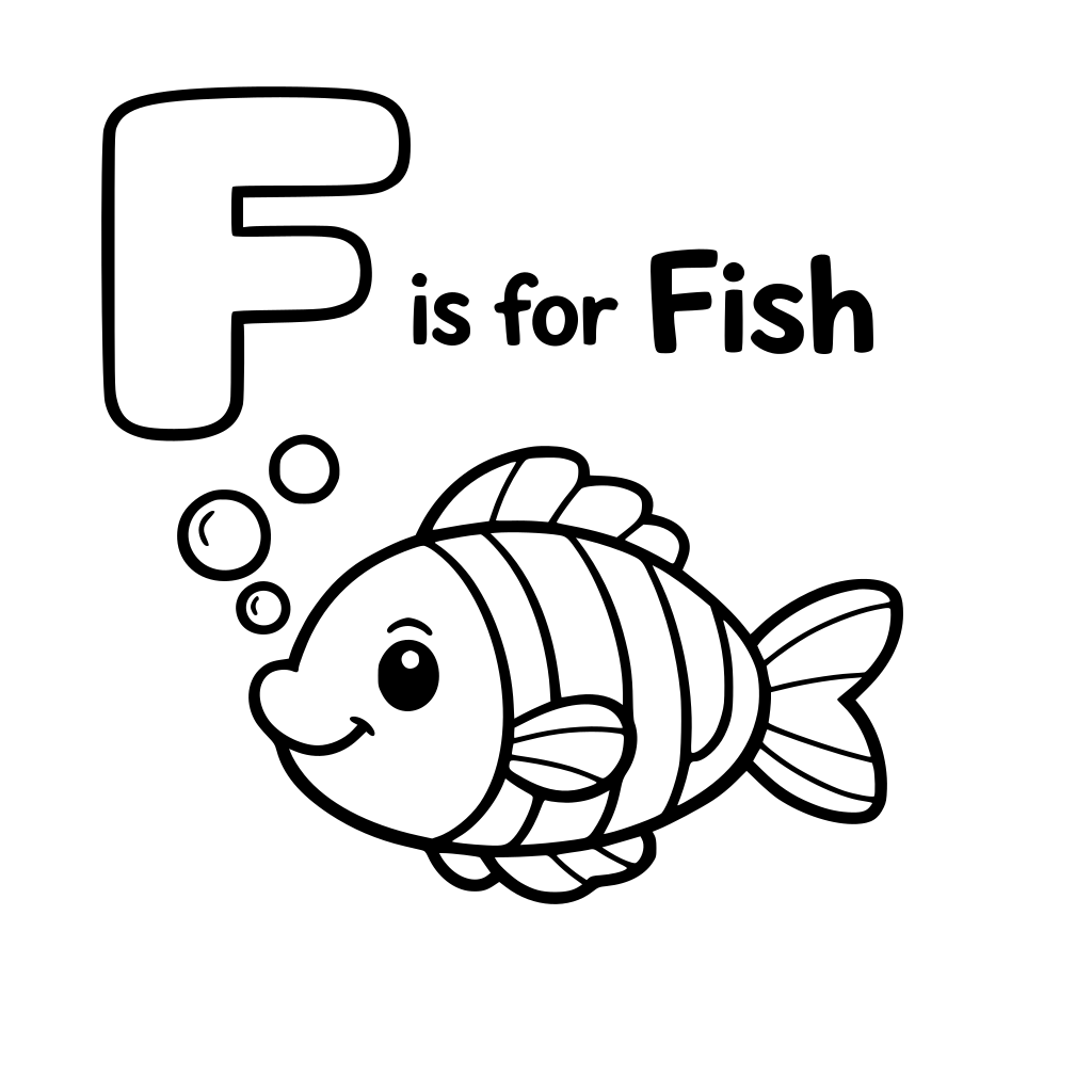 Create a black-and-white coloring page for kids aged 3–8: Large bubble {{Letter/Number}}. "{{Letter/Number}} is for {{Word}}". Draw a {{Object}}. Thick black outlines, simple, kid-friendly, easy to color, minimal background. 8.5x11 inch page.