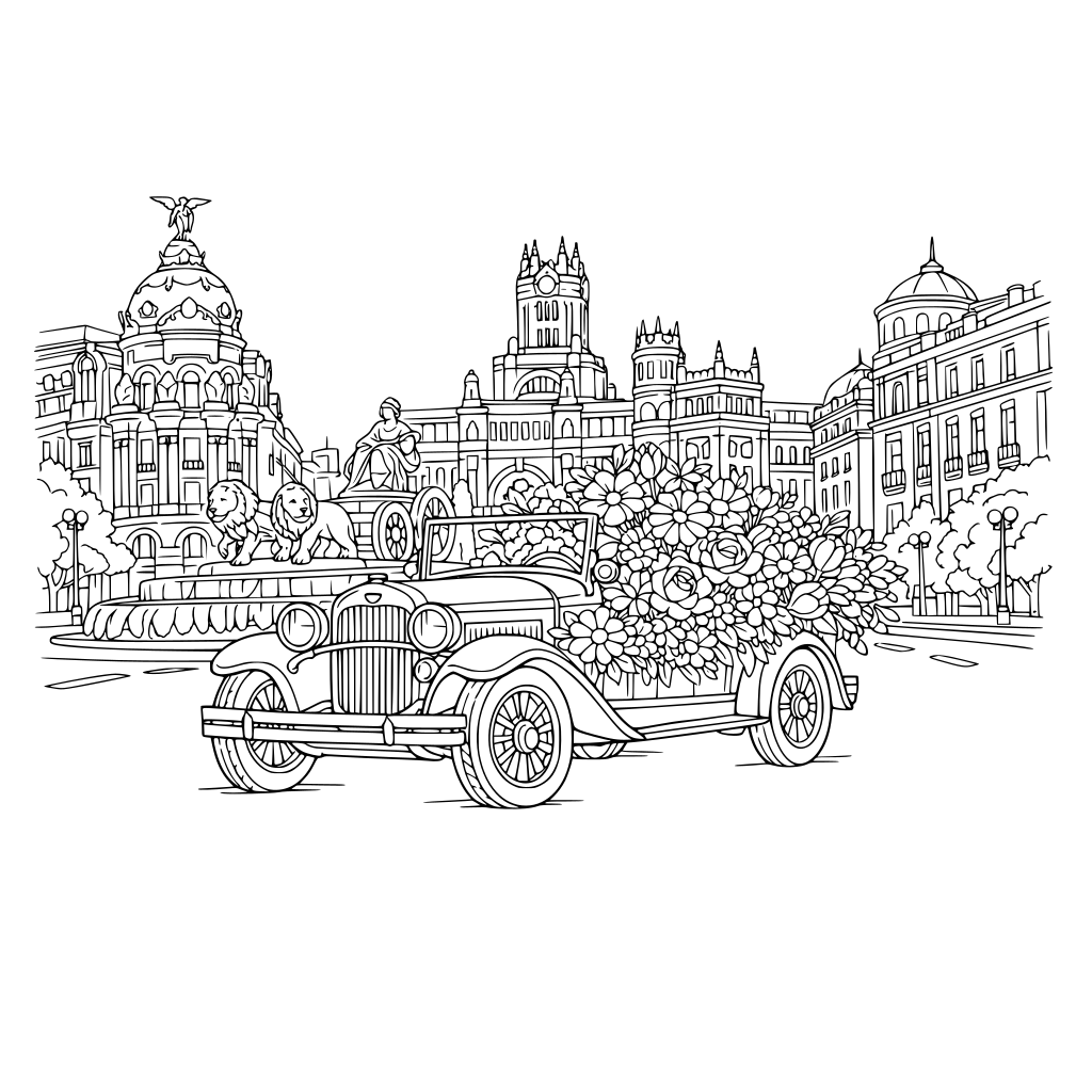 por favor dibuja un carro antiguo lleno de flores, en medio de la gran vía de Madrid. Al fondo la Cibeles