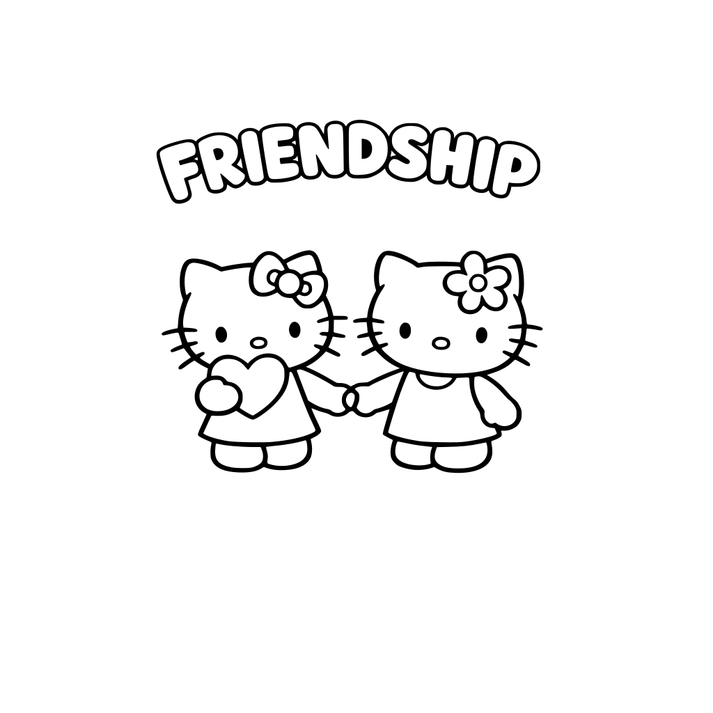Two hello kitty holding hands with each other. One hello kitty has a heart in her hand. The word friendship is above them. Please use bubble letters so that students can color in.