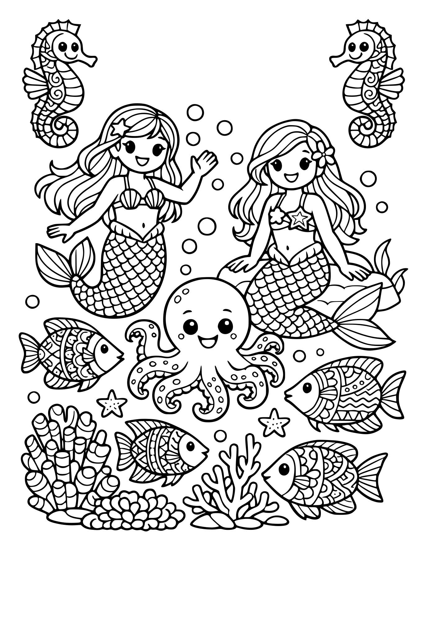 Il Regno Sottomarino Sirene, polpi sorridenti, cavallucci marini, coralli fantastici e pesci tropicali con pattern decorativi sulle squame da riempire di colori.