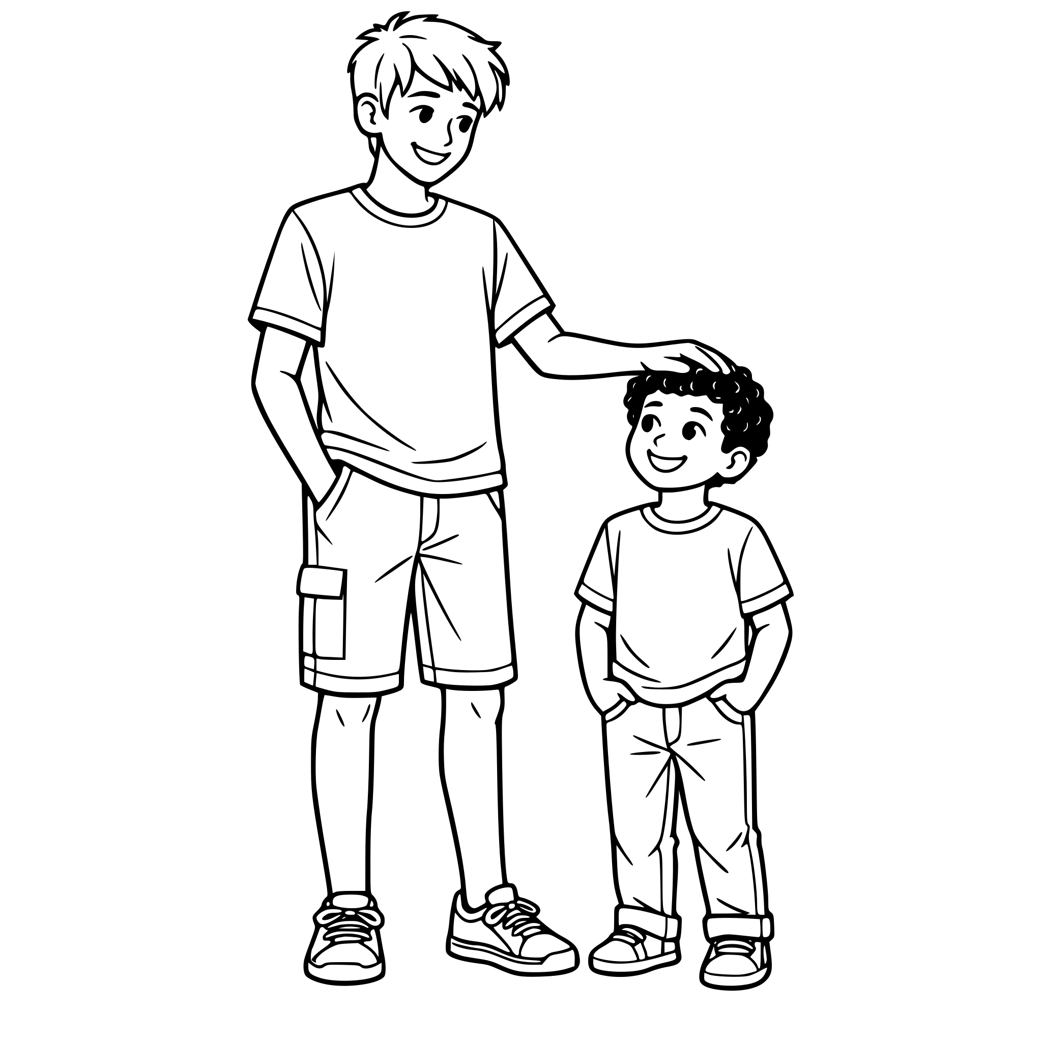 One realistic young very tall boy and a young boy with short curly hair who is a lot shorter. White background, isolated.