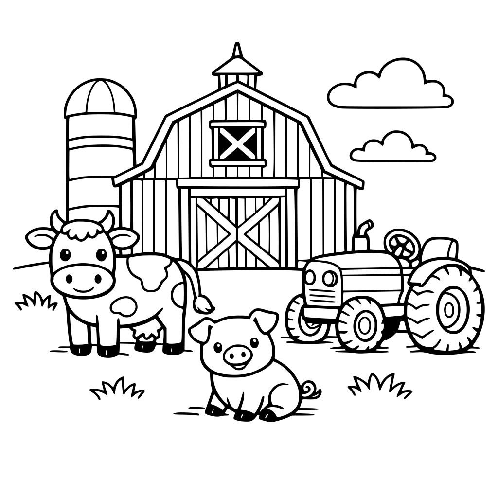 A barn, cow, pig, and tractor in a grassy farmyard.