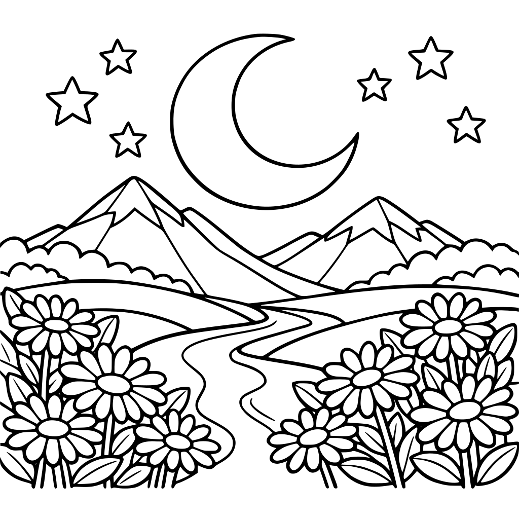 ay çiçekli doğa manzarası oluşturur musun? sayılı boyama şeklinde