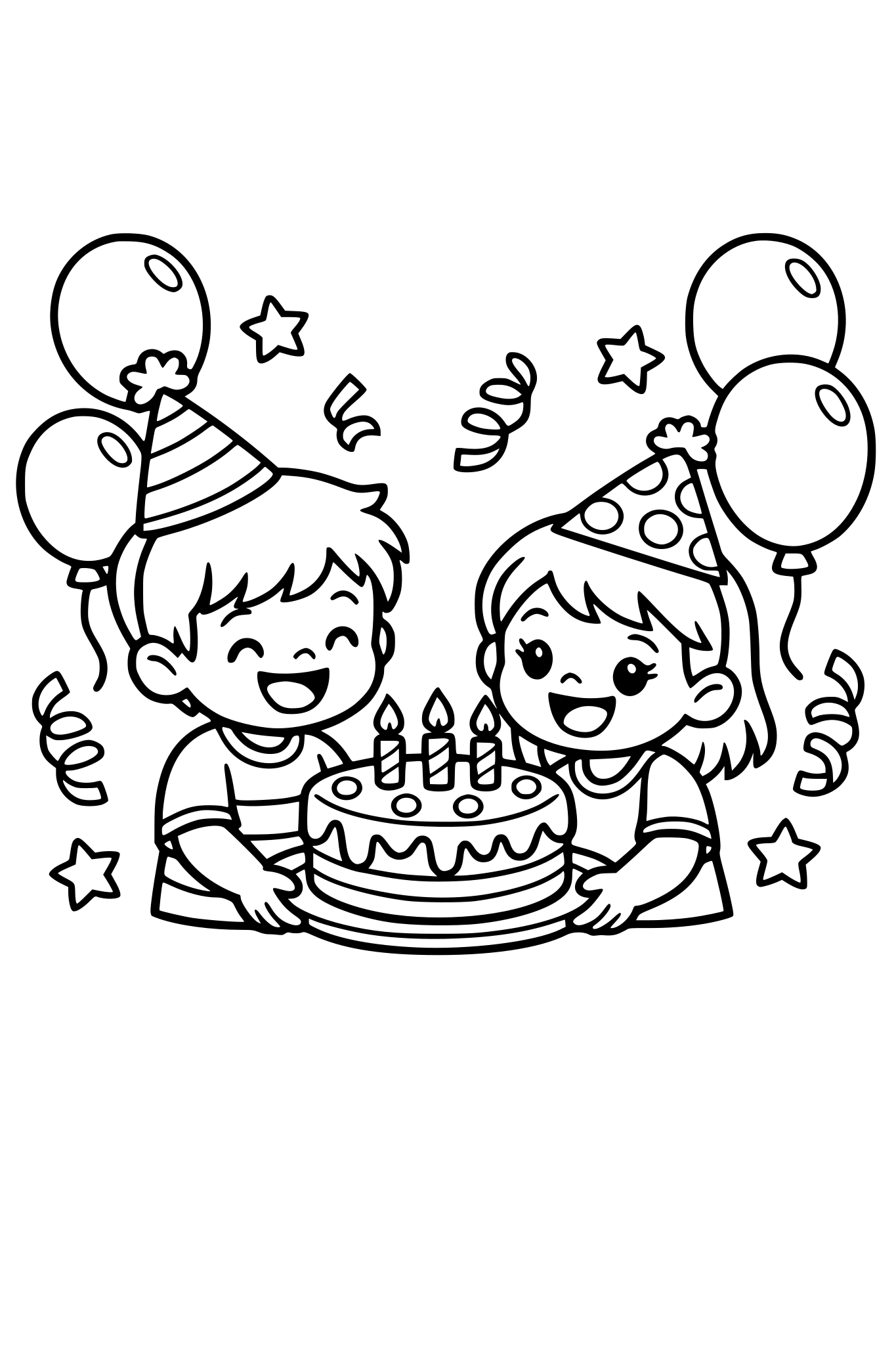 cute kids coloring page, two happy children sharing a birthday cake, balloons and party hats, simple shapes, thick outlines, kids coloring page