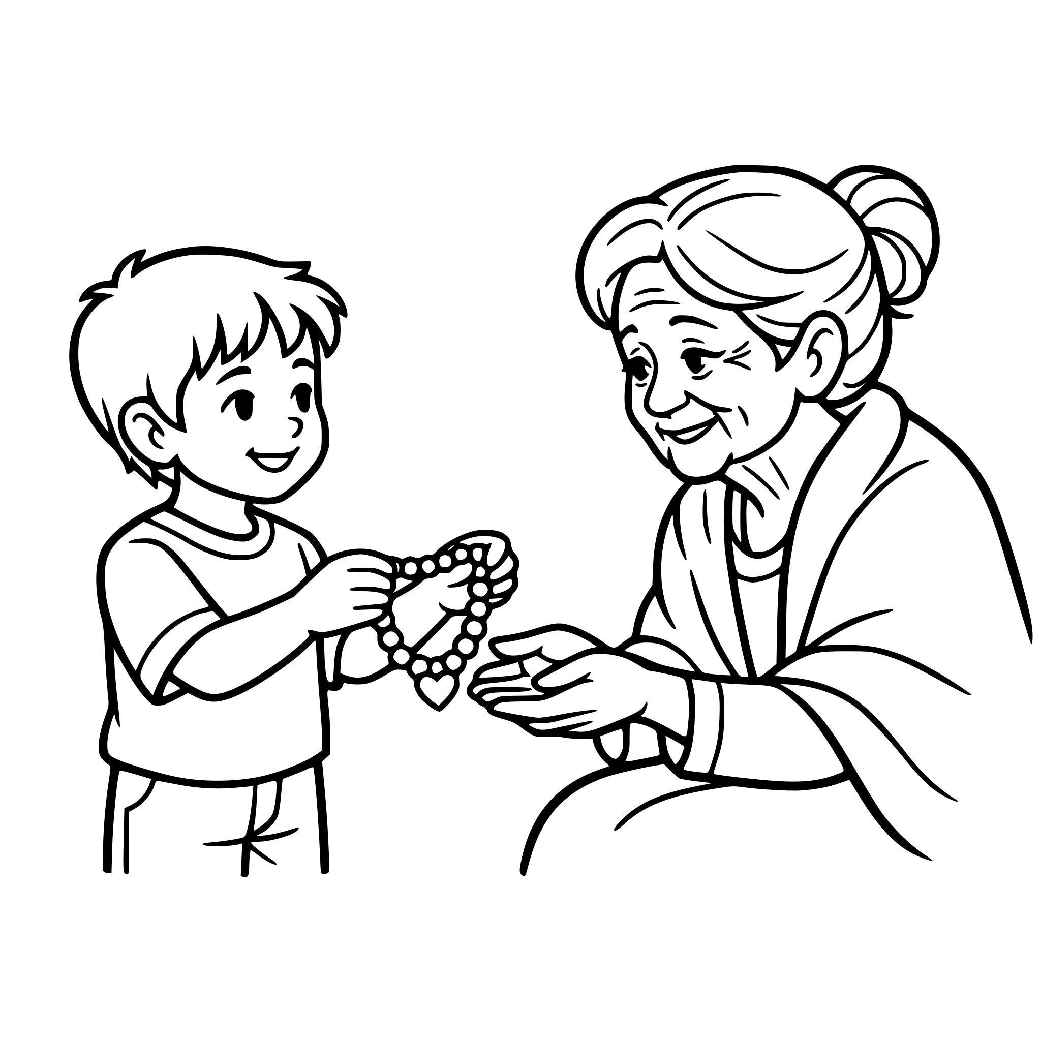 Un niño devolviendo un collar a una mujerayor