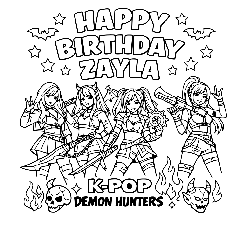 MAKE A K-Pop Demon Hunters Birthday COLORING SHEET THAT SAYAS HAPPY BIRTHDAY ZAYLA