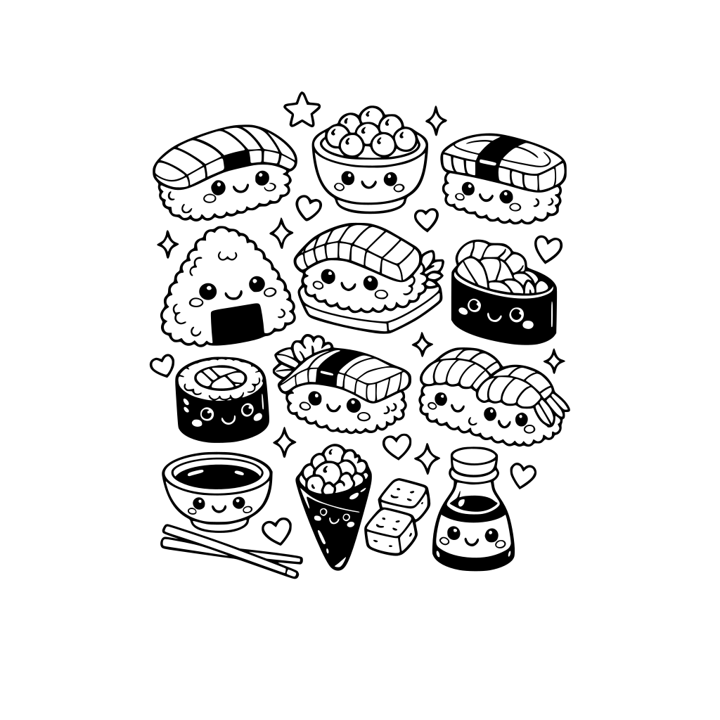 kawaii sushi, nigiri, onigiri, sashimi, and other japanese sushi items