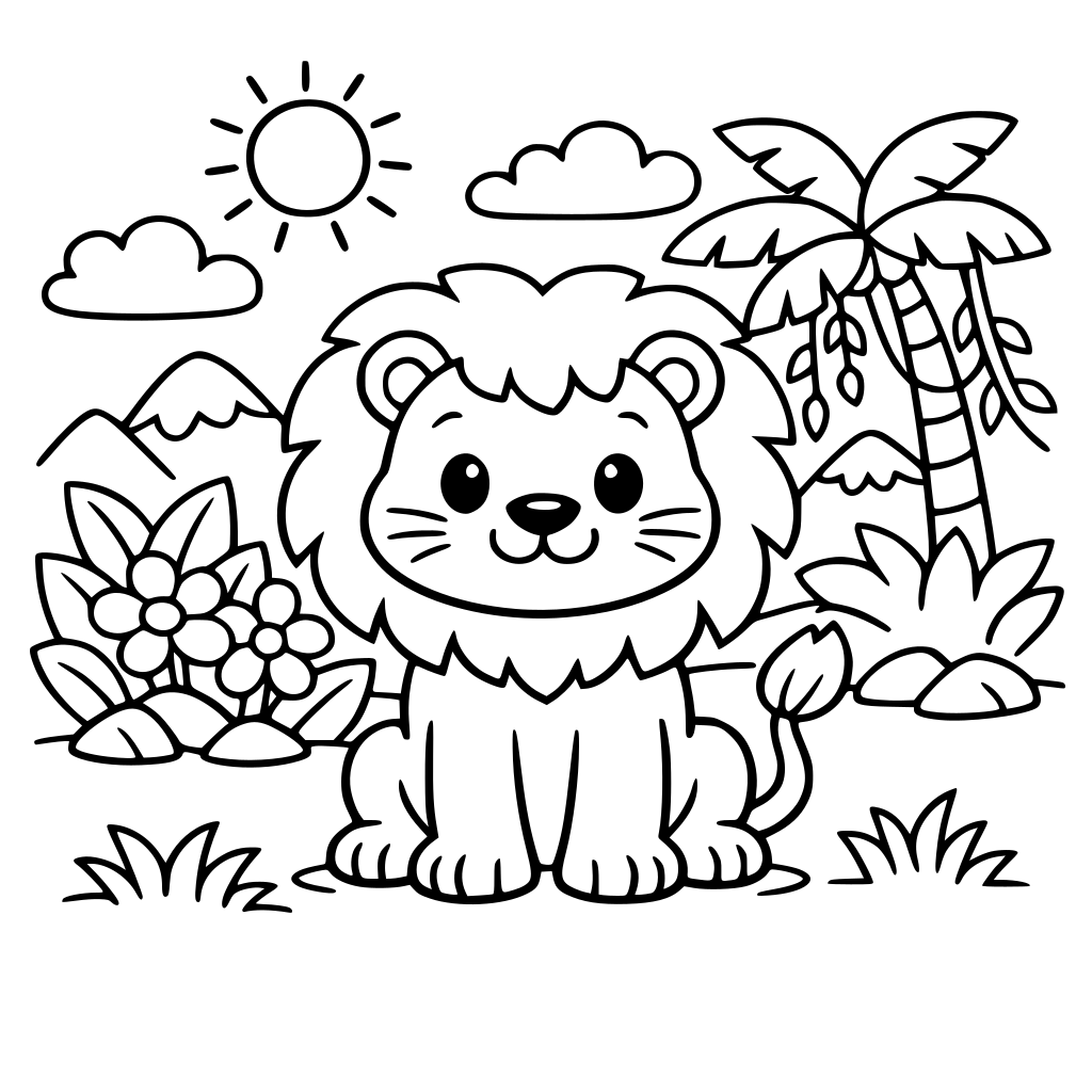 cartoon lion sitting in jungle ,simple outliners,kid-friendly coloring page