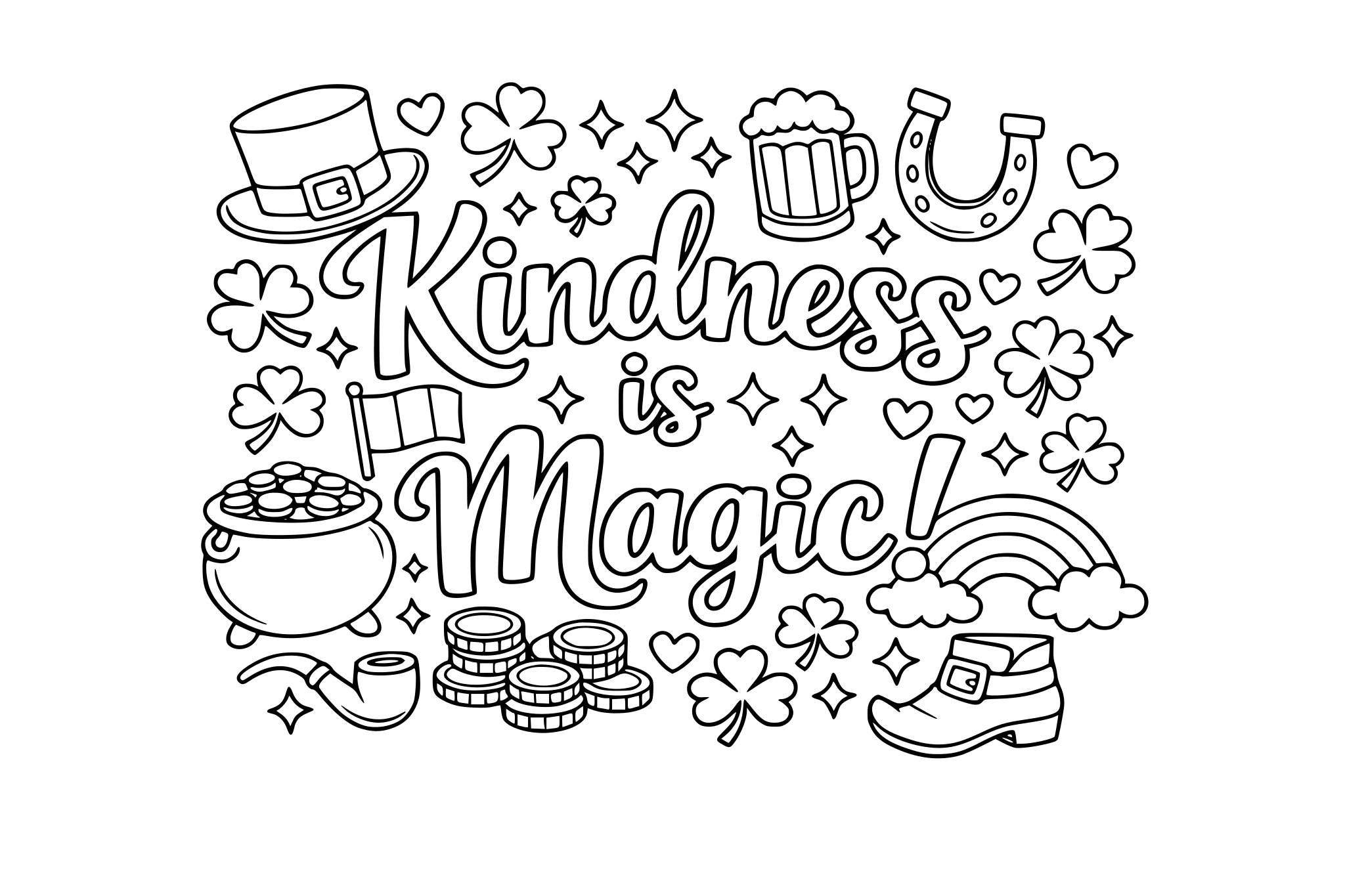 “ Kindness is Magic!’’ Open lettering for coloring with St.Patrick items around the lettering