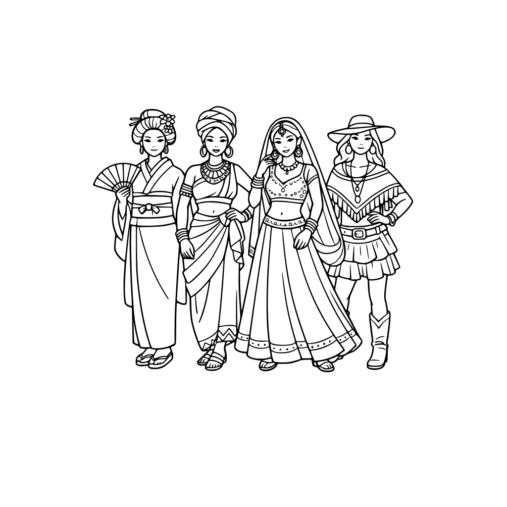 Global fashion designs and sillhoutes on even pages, fabric textile pattern explorations on odd pages