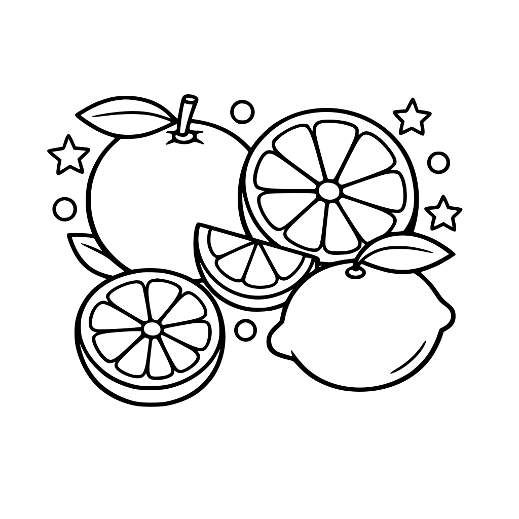 simple and bold coloring book page design of citrus fruits