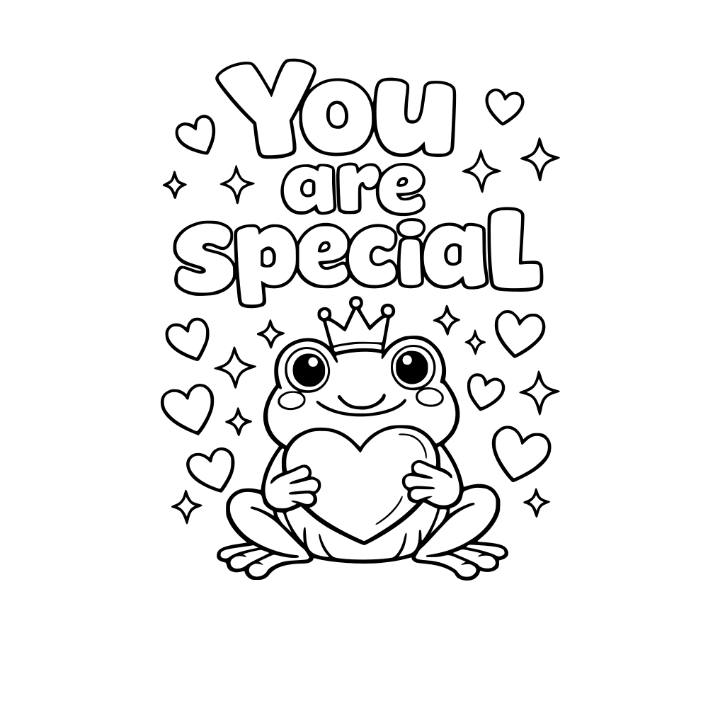 A frog wearing a tiny crown holding a heart. Big Text: "You are special. Hearts and sparkles around. Please make you are special in bubble letters so that students can color it in.