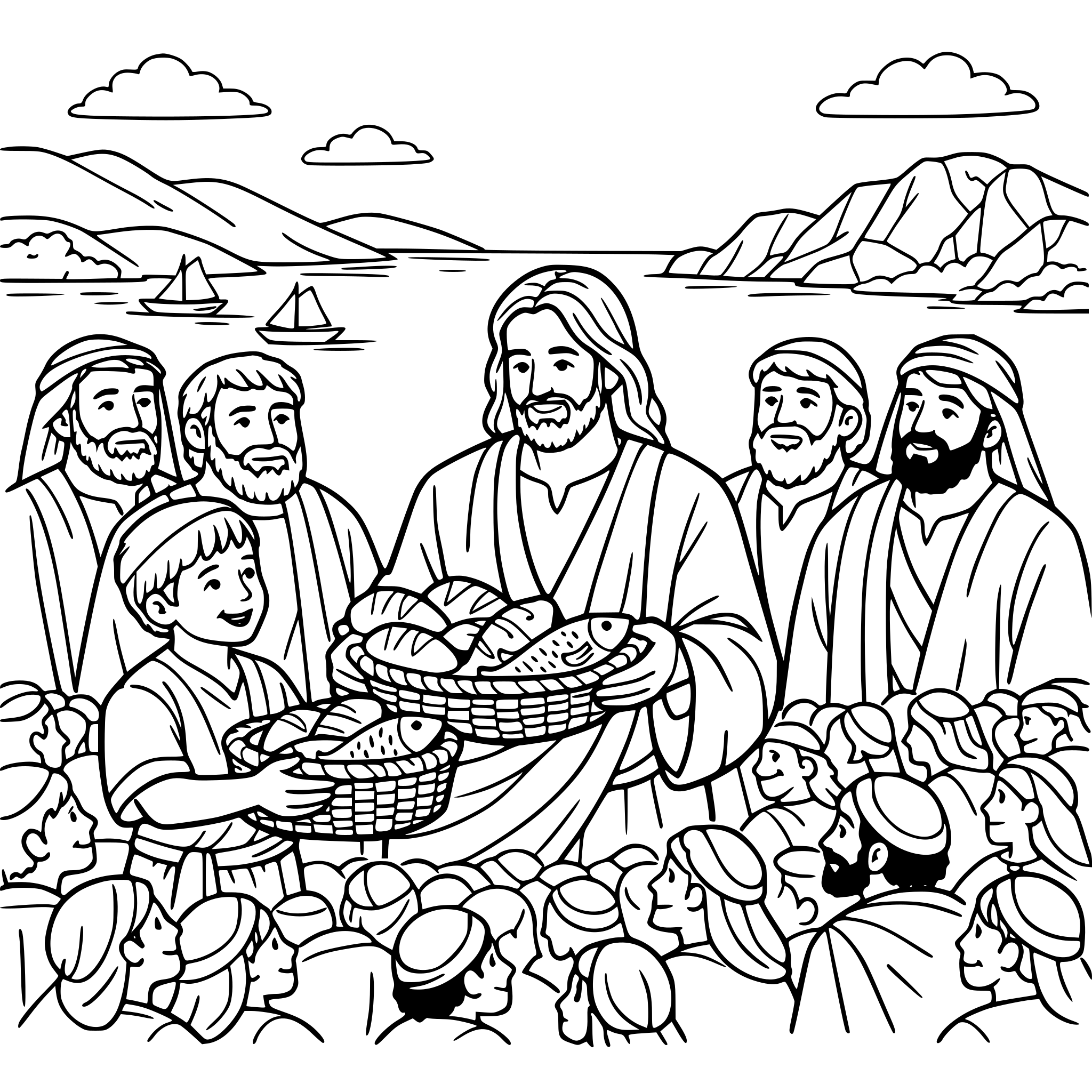 Create a scene with Jesus feeding the 5000, include the boy with bread and fish and the disciples Include a big crowd and landscape elements