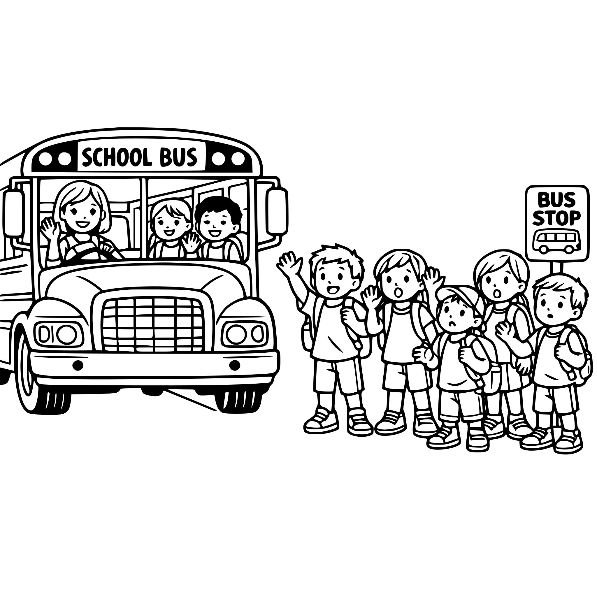 Create an image of a school bus with some life like kids on it and it drives by the bus stop where 5 realistic life like kids are waiting to get on. The kids look, wave to driver to try and get her attention. Some of the kids look bewildered. White background, isolated.