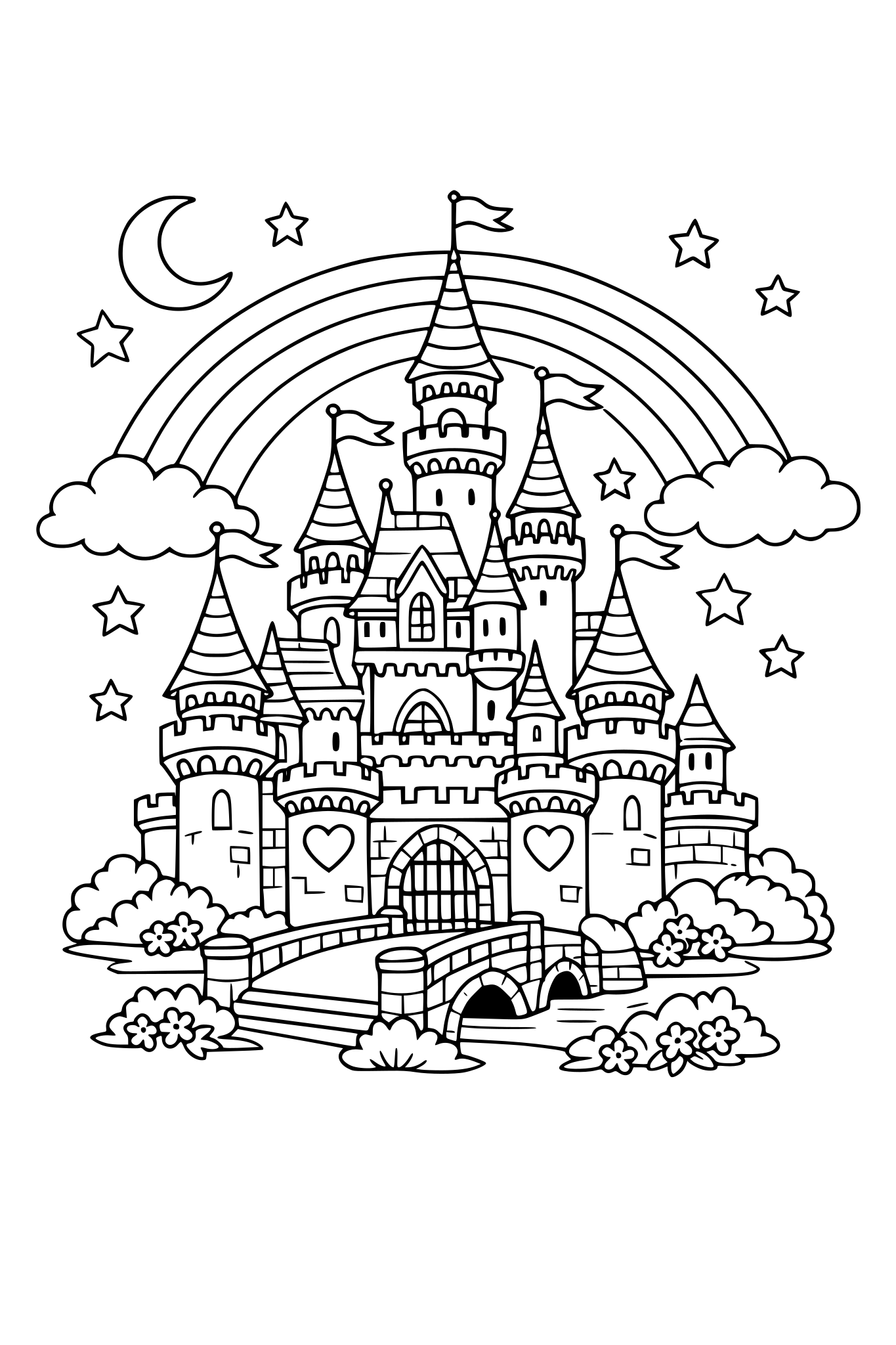 Create a castle out of a fairytale where a princess and prince could live happily ever after. Make it look whimsical and magical. Have a rainbow in the sky behind the castle