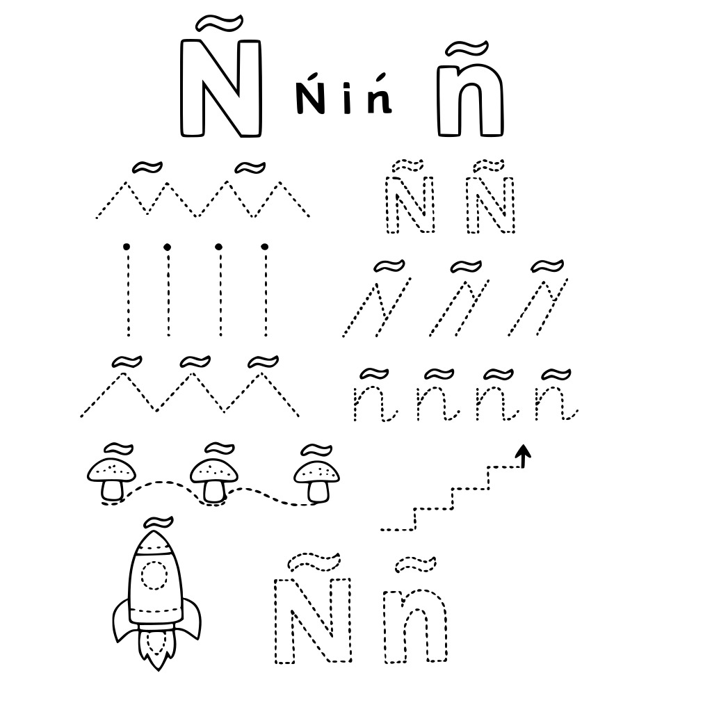 zrób całą listę ćwiczeń do litery Ń duże i ń małe różne ślaczki wykropkowane dzięki którym nauczymy pisać się literkę Ń i ń