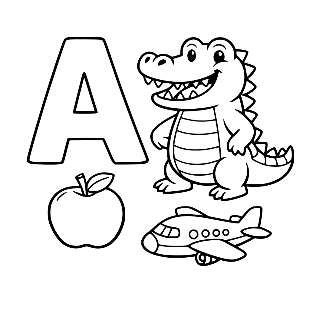 Letras del abcedario para colorear junto con objetos o animales empezando con esa letra tambien para colorear