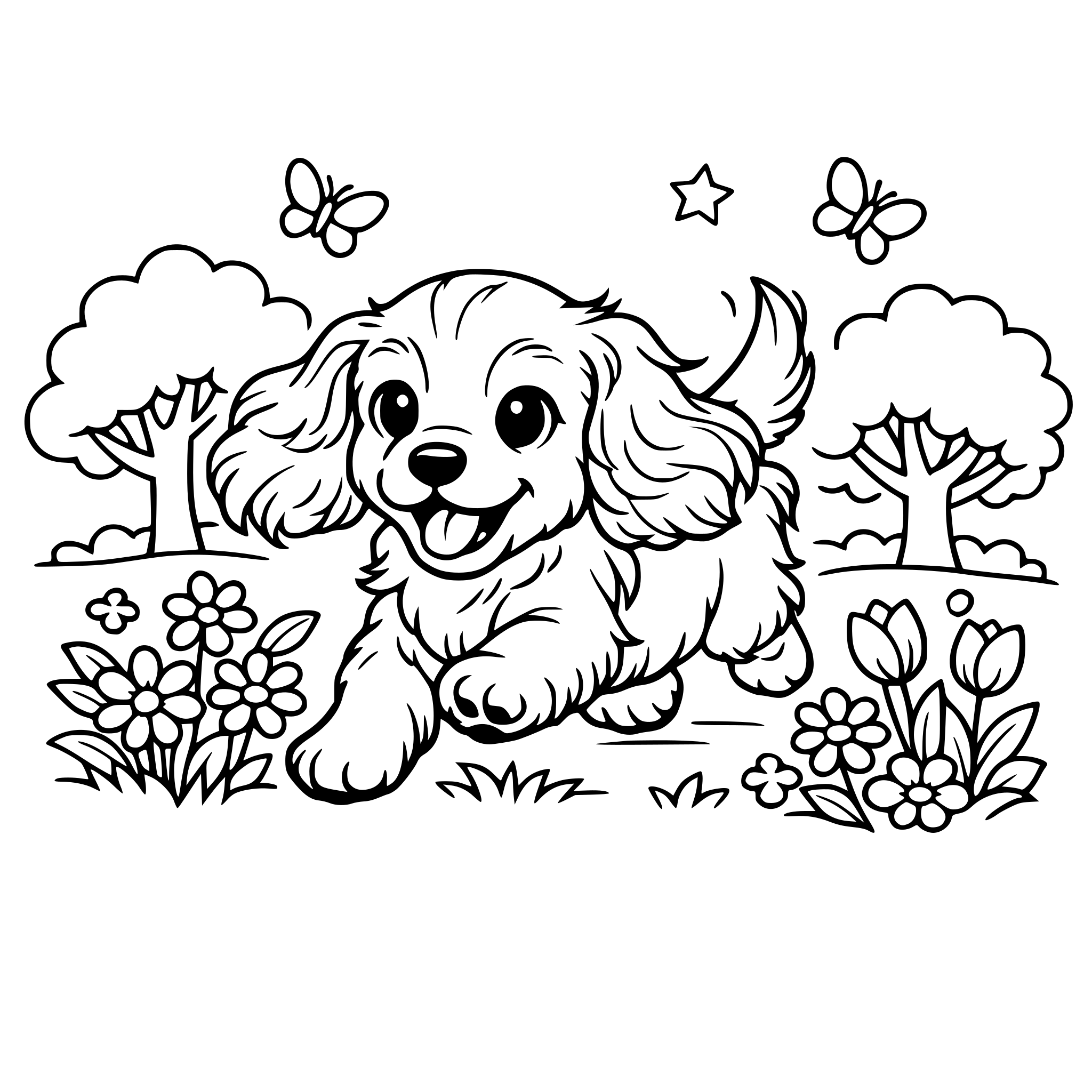Cute English Show Cocker Spaniel puppy running around outside with flowers and threes around