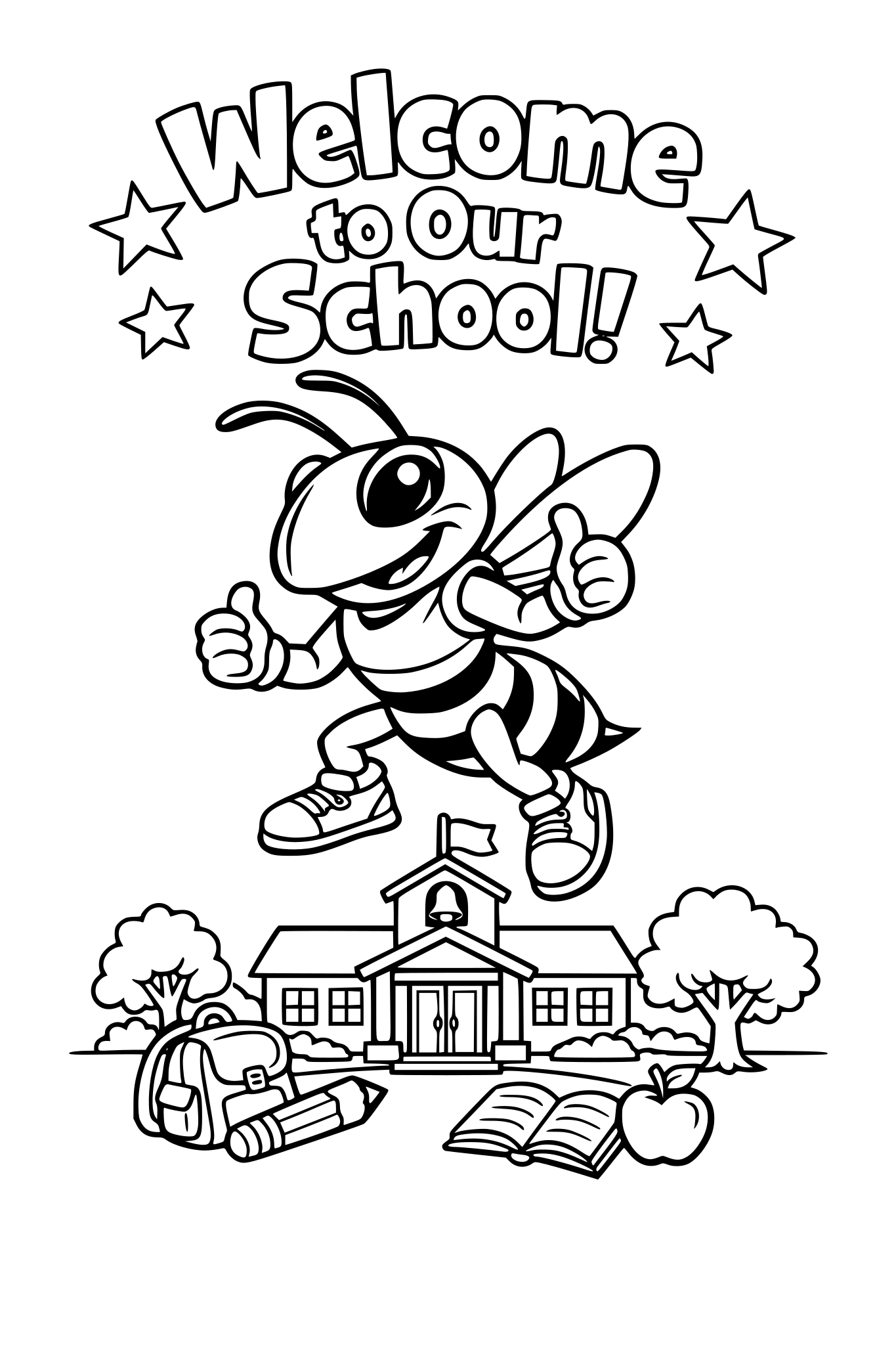 coloring page for future pre-k students who are visiting our school for a tour. Include a yellow jacket mascot.