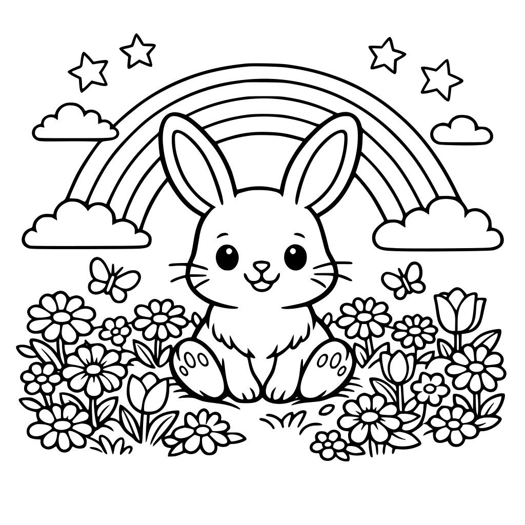bunny and rainbows in a field of flowers
