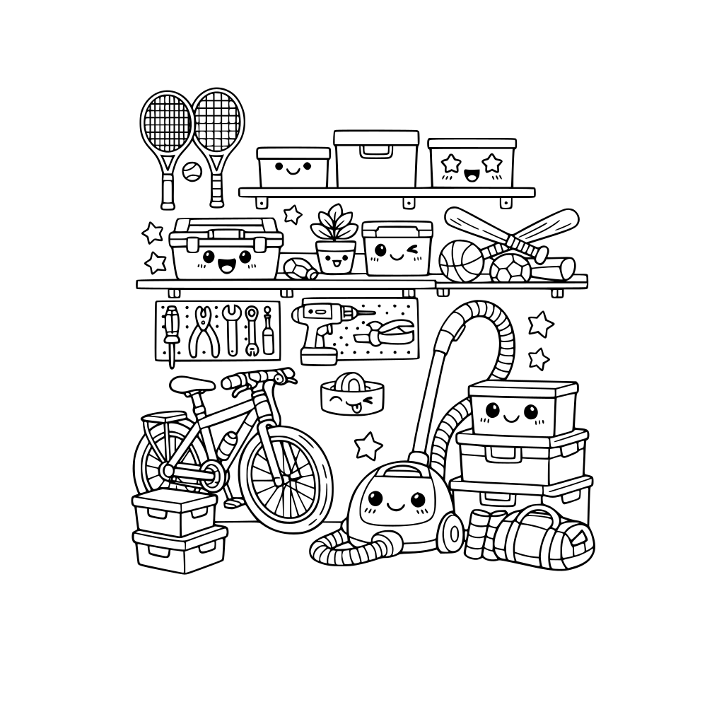 cute kawaii store room with tools, bike, sports rackets, storage boxes, vacuum cleaner, shelves. no animals. a few items with kawaii faces. do not repeat facial expressions.