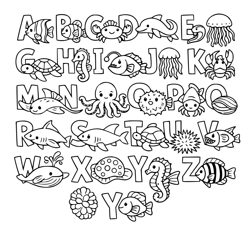 alphabet from a-z with animals under the sea