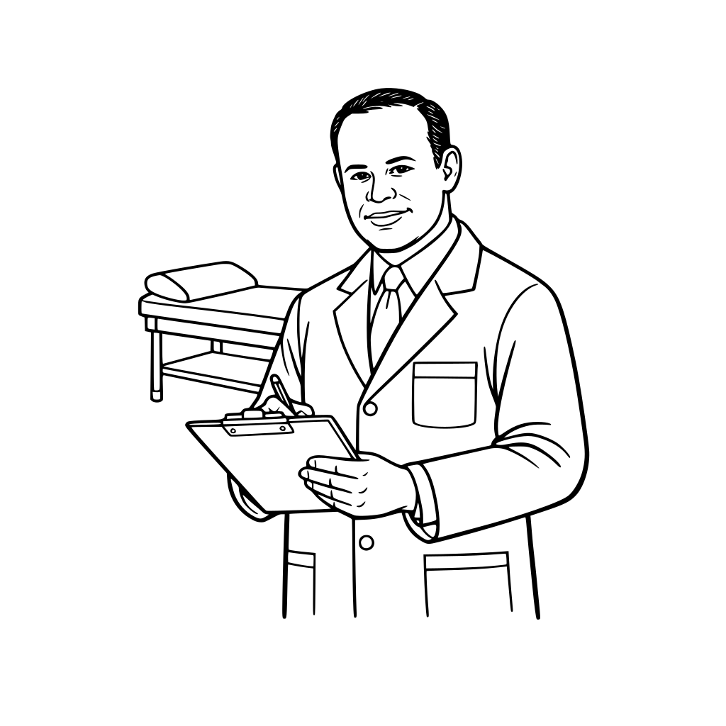 Dr. Charles Drew wearing a lab coat holding a clipboard, kind expression, simple medical table outline behind him, mid-body framing.