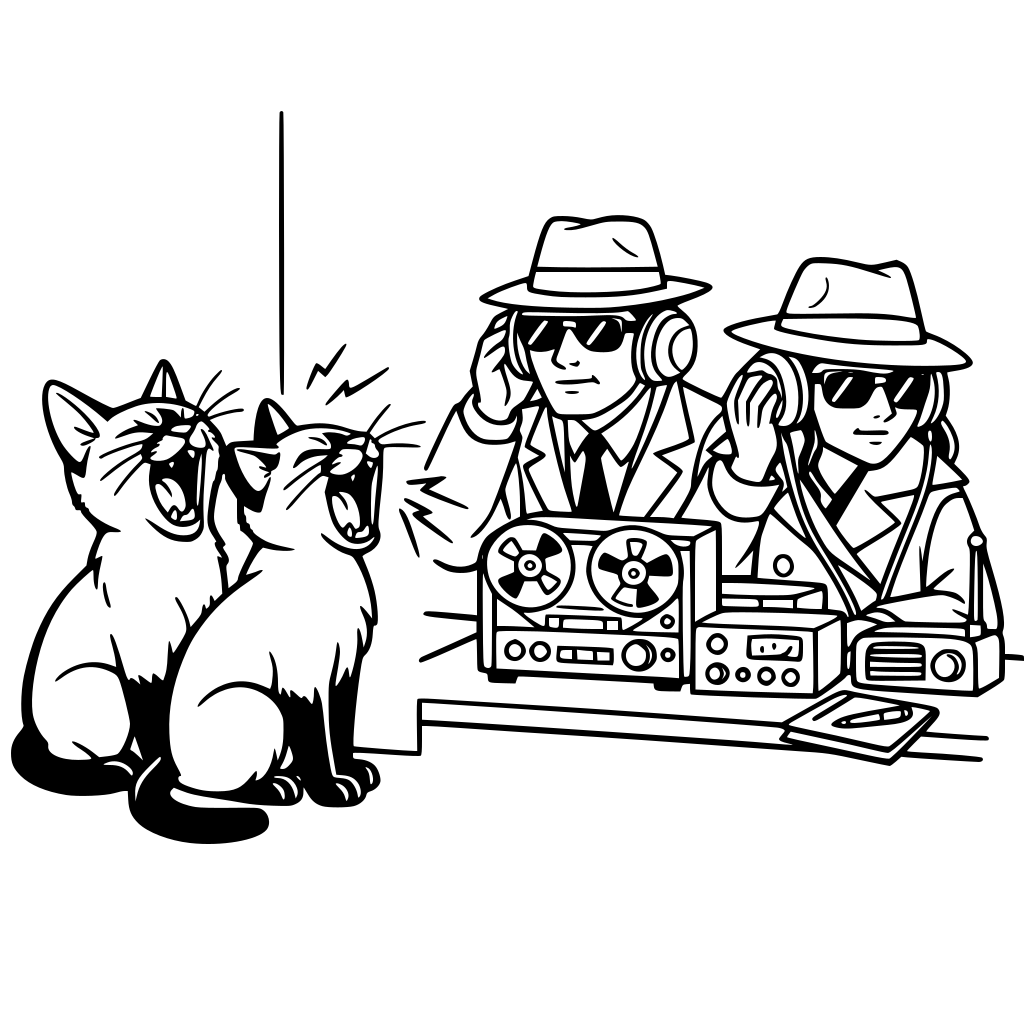 Two Siamese cats screaming at the wall. two human spies sitting on a desk beside them listening to device all inside an embassy