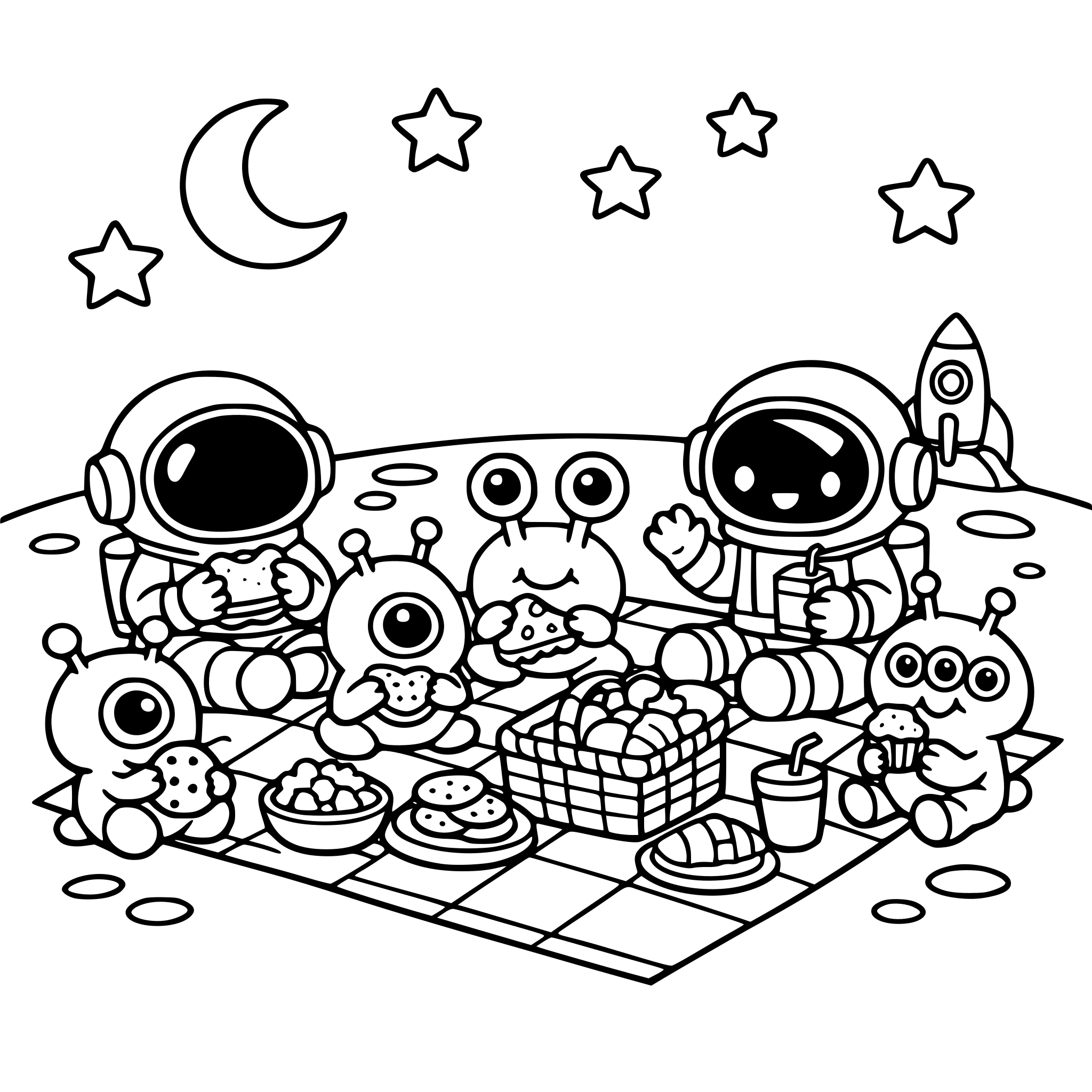Cute astronauts and aliens having a picnic on the moon, eating snacks, stars in the background, kawaii cartoon style, bold outlines, black and white coloring book page, no shading