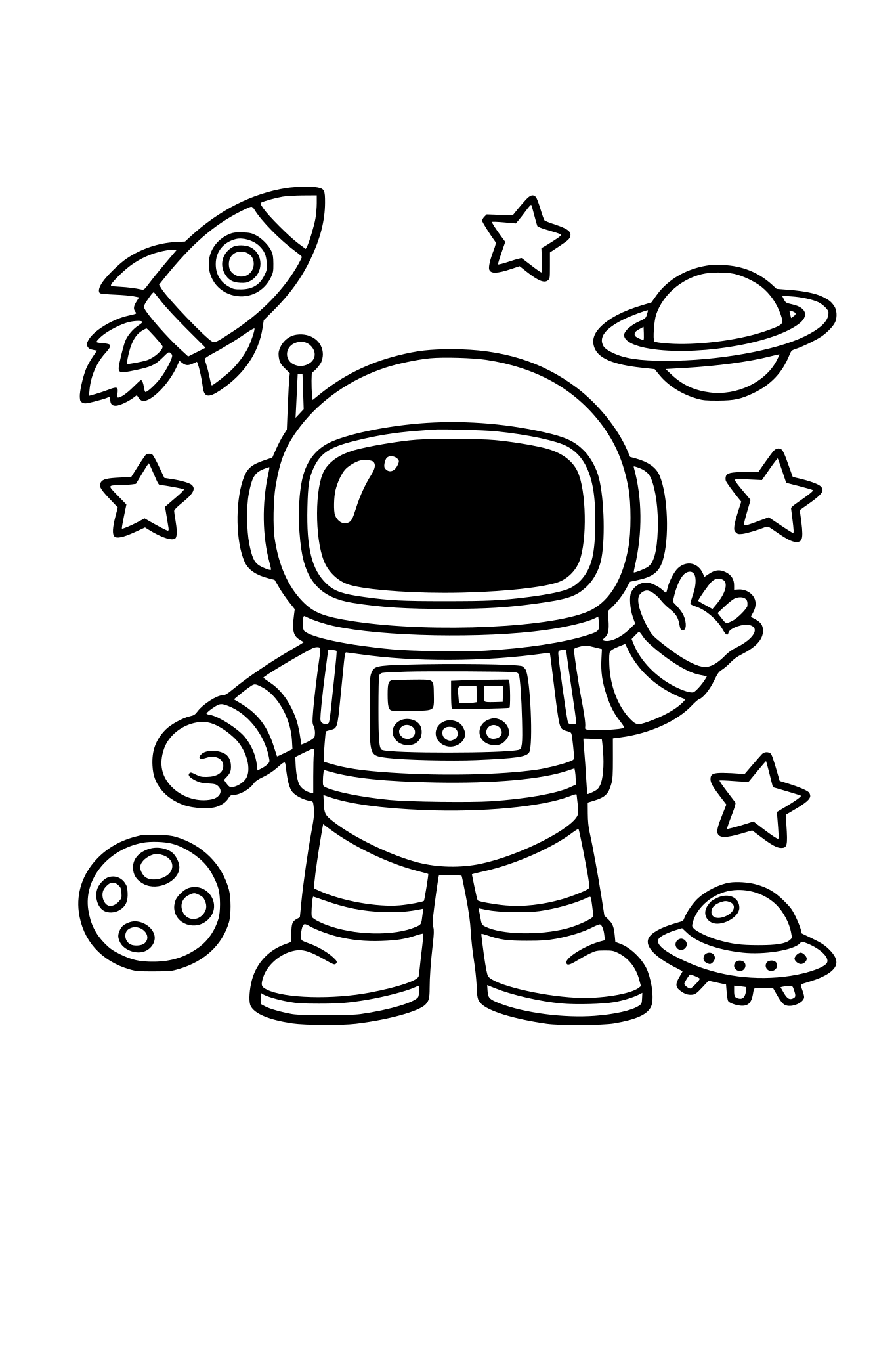 Quiero un astronauta en estilo line art. con línea gruesa limpia y clara unida. en diseño blanco y negro, sin grises, ni sombras, ni textura. El dibujo debe ser infantil.