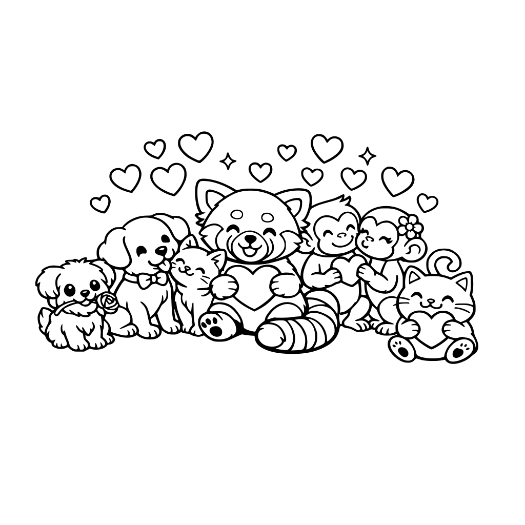 Love, valentine, kind, red panda, dogs, cats, monkeys, and hearts,