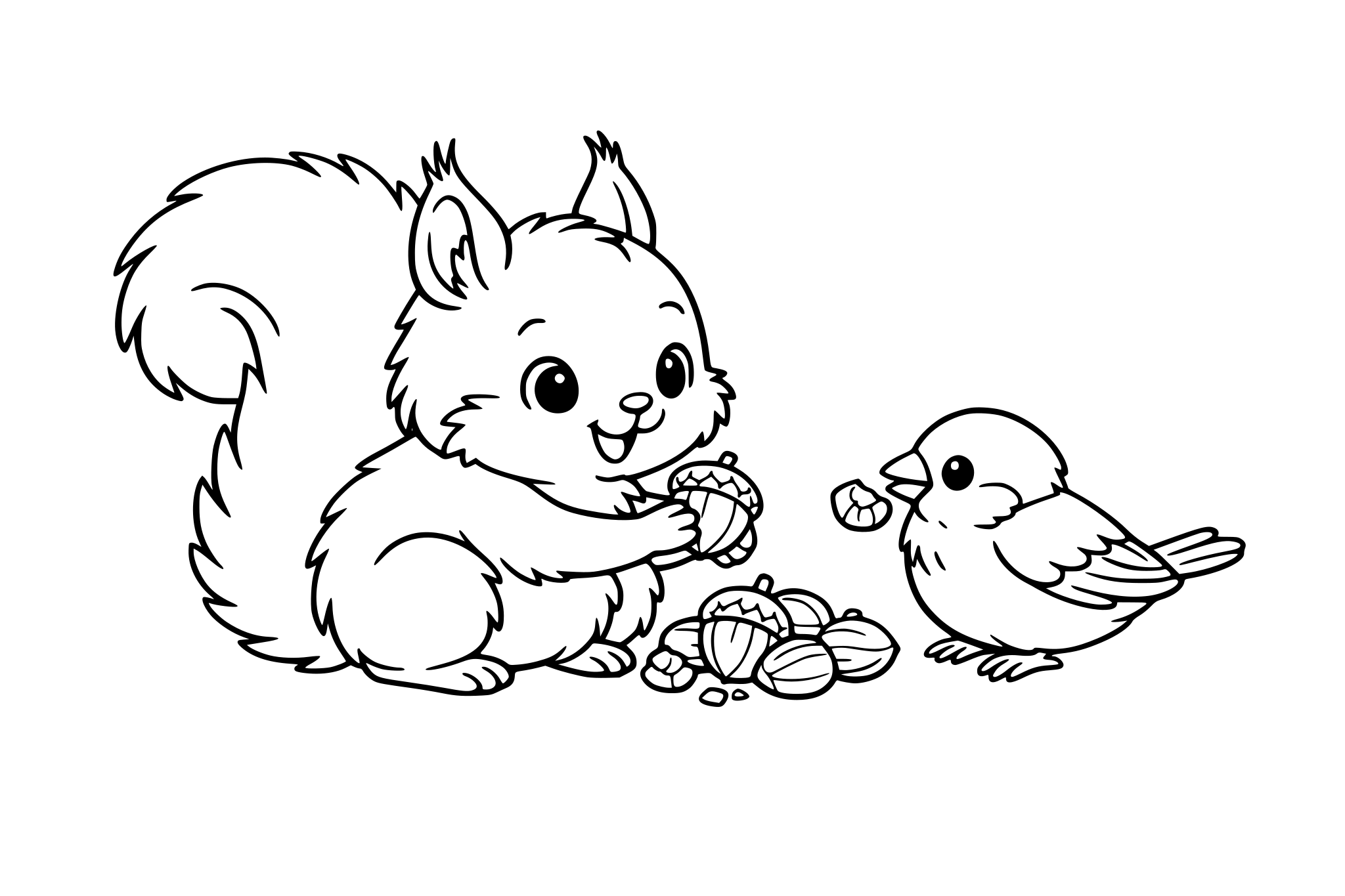 Süsses Eichhörnchen, dass aus dem winterschlaf erwacht. es findet seine Nüsse und teilt sie mit einem kleinen spatz. separat: ein runder dicker süsser hamster geht zur schule. er kommt nicht so gut draus und möchte lieber takis chips essen und playstation zuhause spielen.