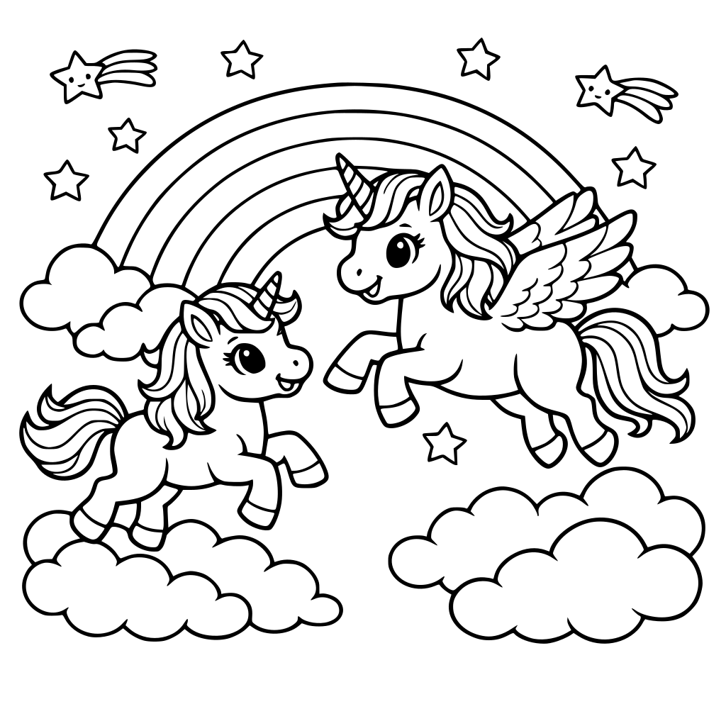 unicornios con fondo de arcoiris y nubes