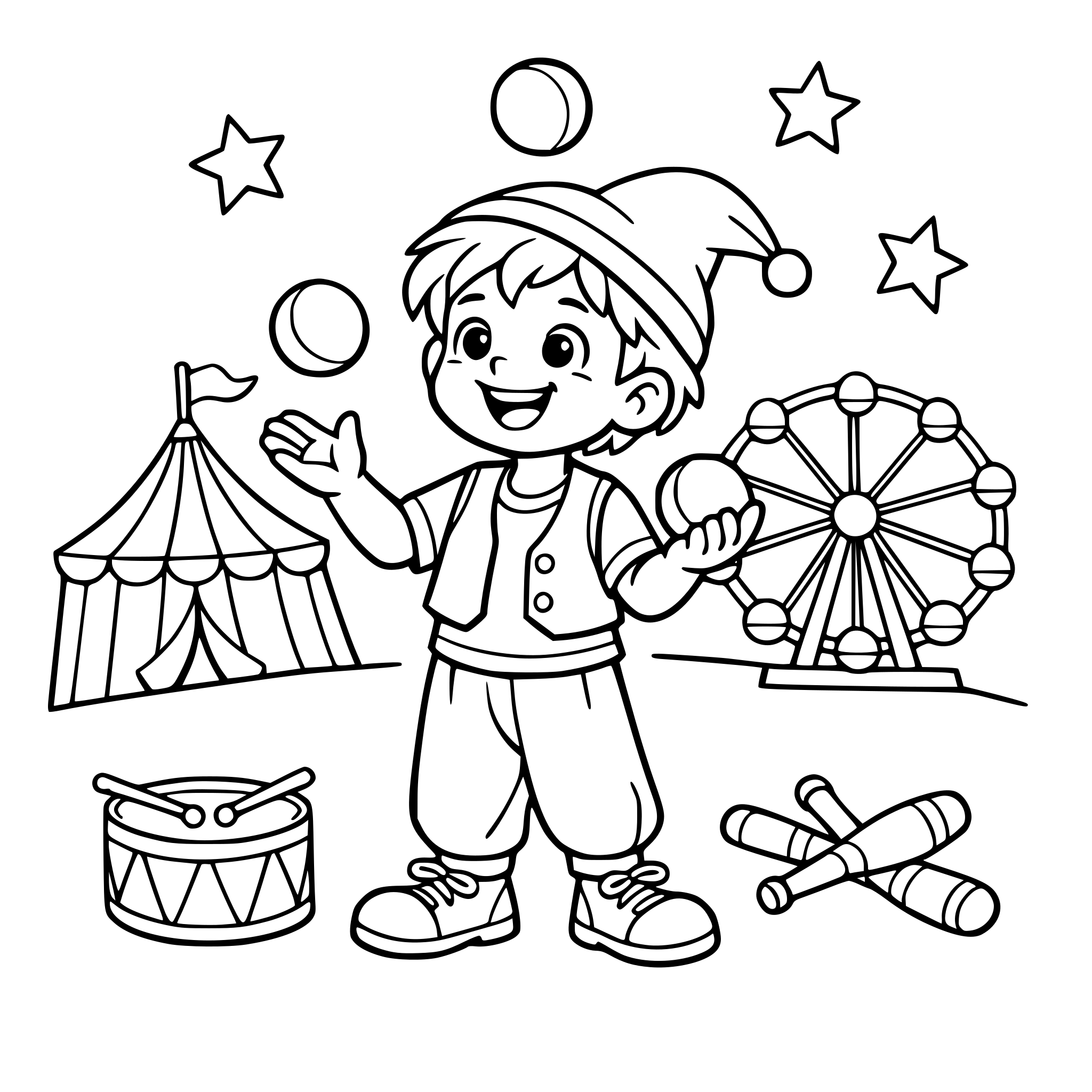 um malabarista criança , jogando 3 bolinhas de malabarismo com fundo circense