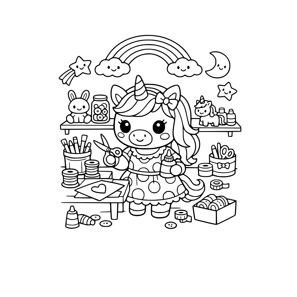 An adorable kawaii style unicorn in a cute dress with big polka dots. She is in her craft room having fun. there should be rainbows and other magical kawaii style items in the room as well.
