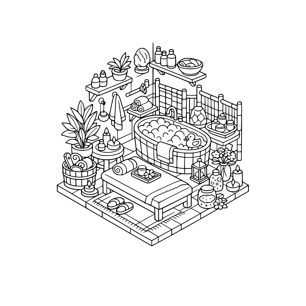 hygge style, cute and cozy, 3d isometric, corner, a day at the spa