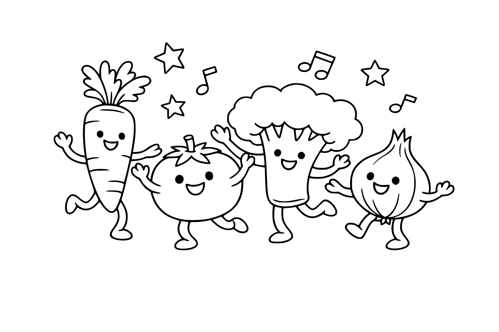 Dancing vegetables, minimalistic line.