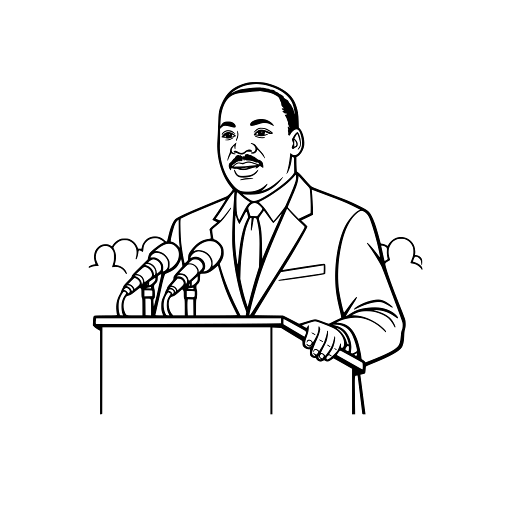 Martin Luther King Jr. standing at a podium speaking into a microphone, wearing a simple suit and tie, calm expression, minimal crowd outline in background.