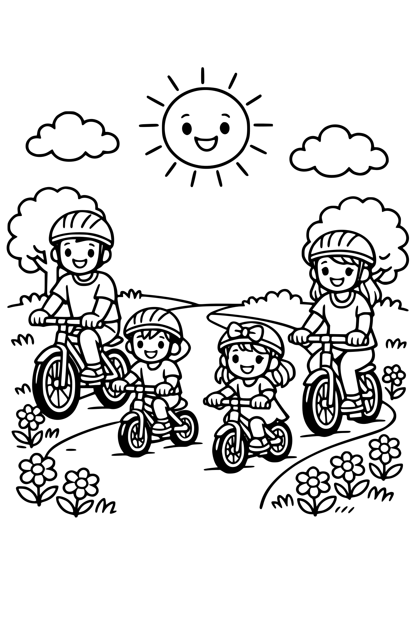 cute kids coloring page, happy family riding bicycles together on a path, boy and girl riding small bikes with parents, trees and flowers along the path, smiling sun in the sky, simple shapes, thick outlines, kids coloring book illustration