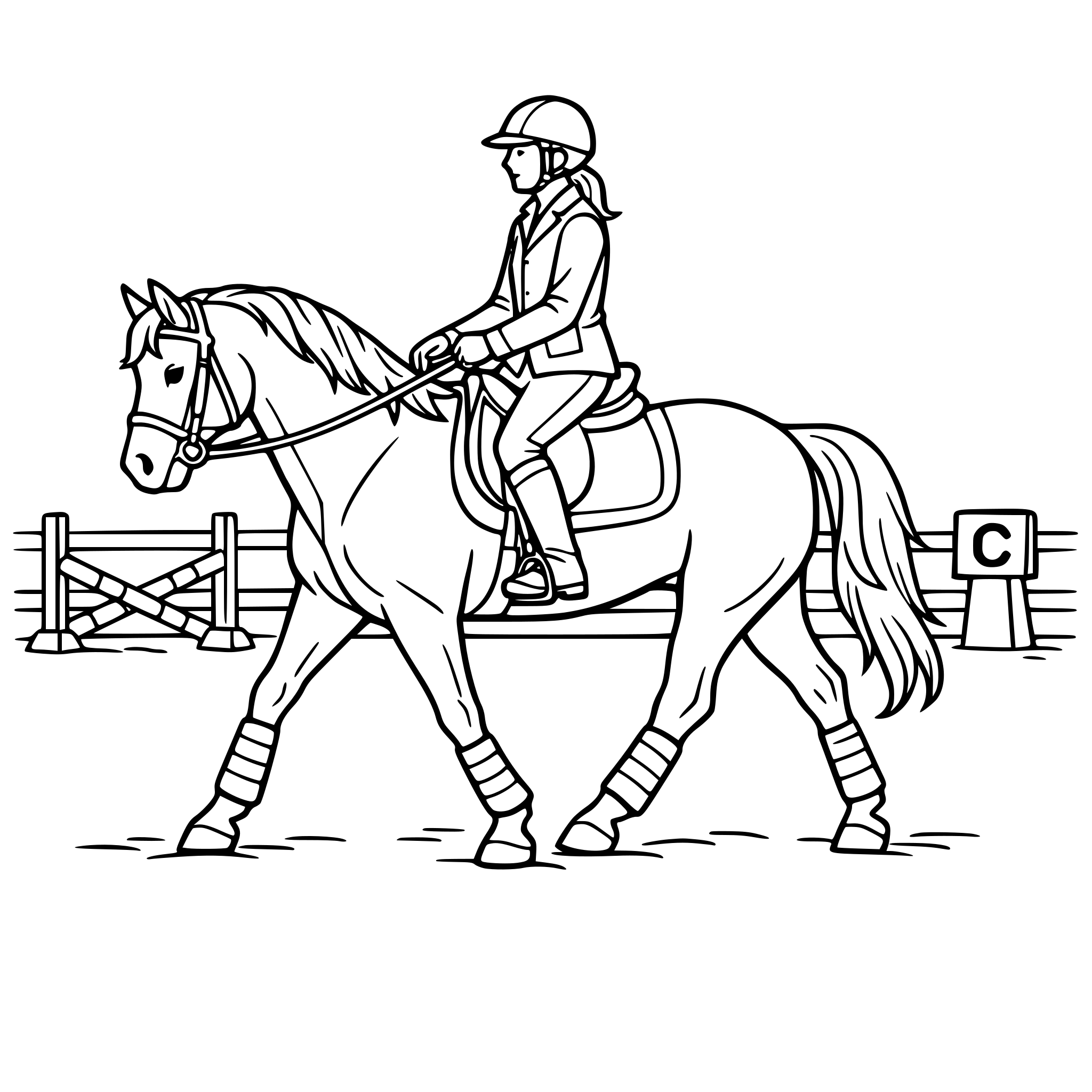 paard in een rijbak met een ruiter er op