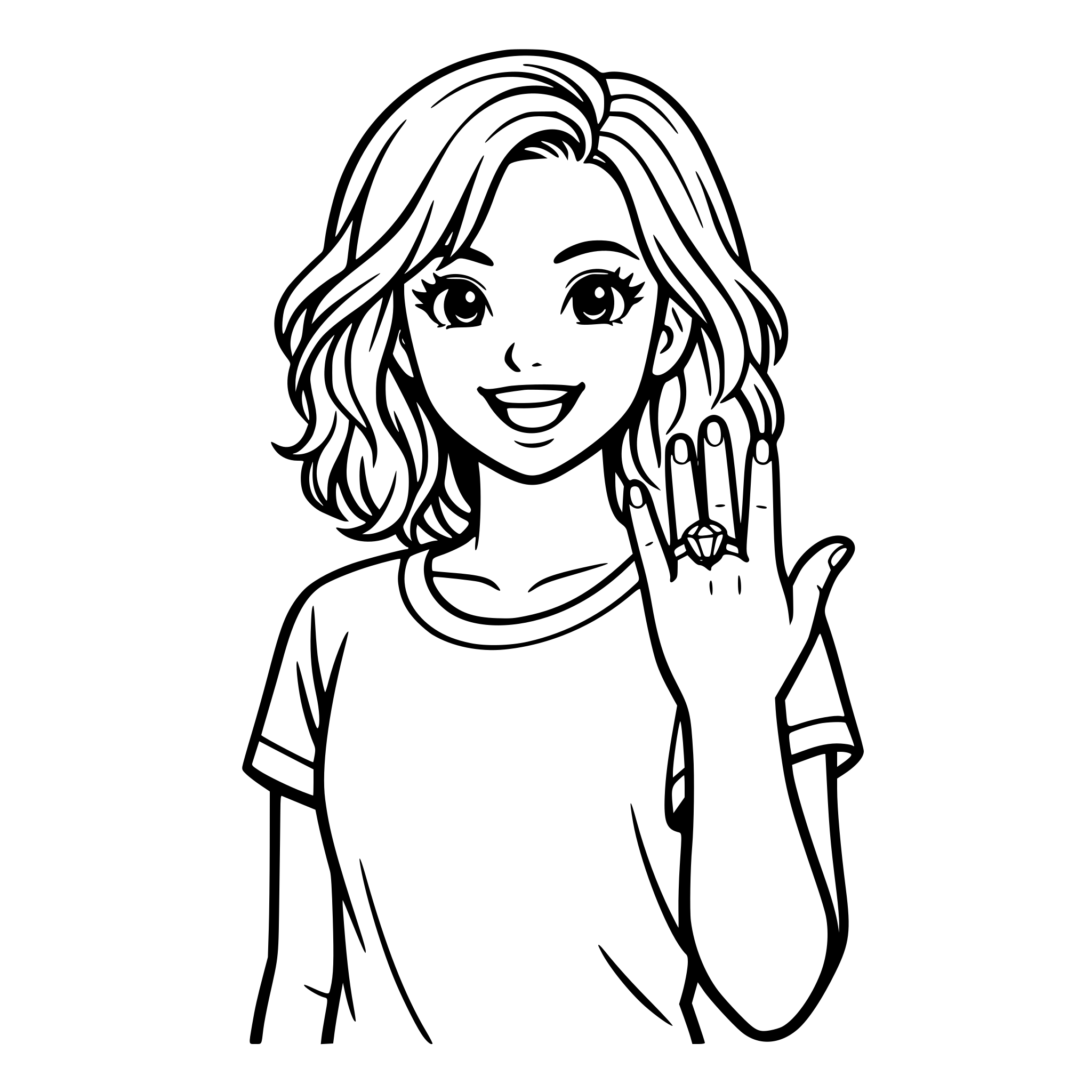 Create an image of a teenage girl with shoulder length wavy hair showing her left hand, ring finger with a big sparkling diamond ring on. White background, isolated.
